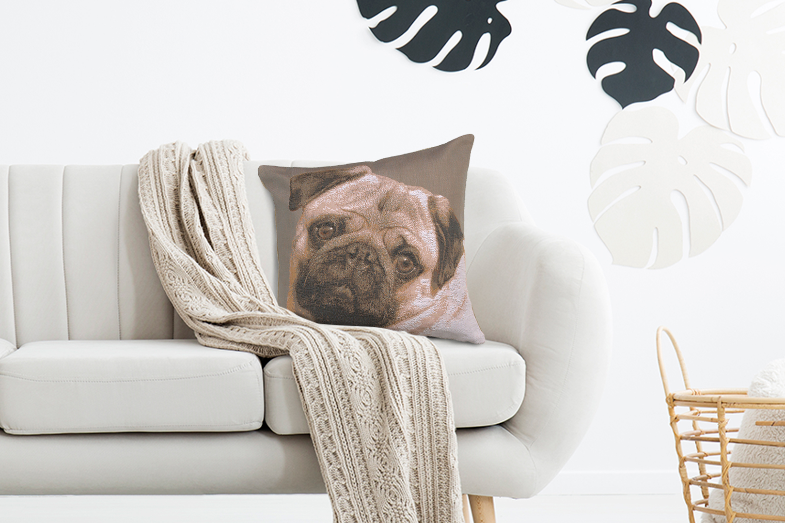 Thomas Theodor Heine Pugs Face Grey Tapestry Pillow Cover 19x19 Inch Cotton Jacquard Woven Cushion Cover