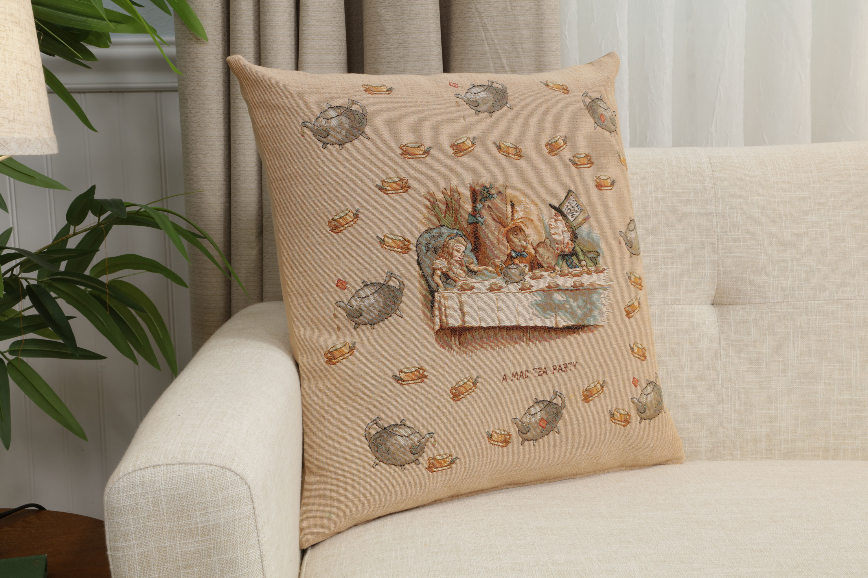 John Tenniel The Tea Party Tapestry Pillow Cover 19x19 Inch Cotton Jacquard Woven Cushion Cover