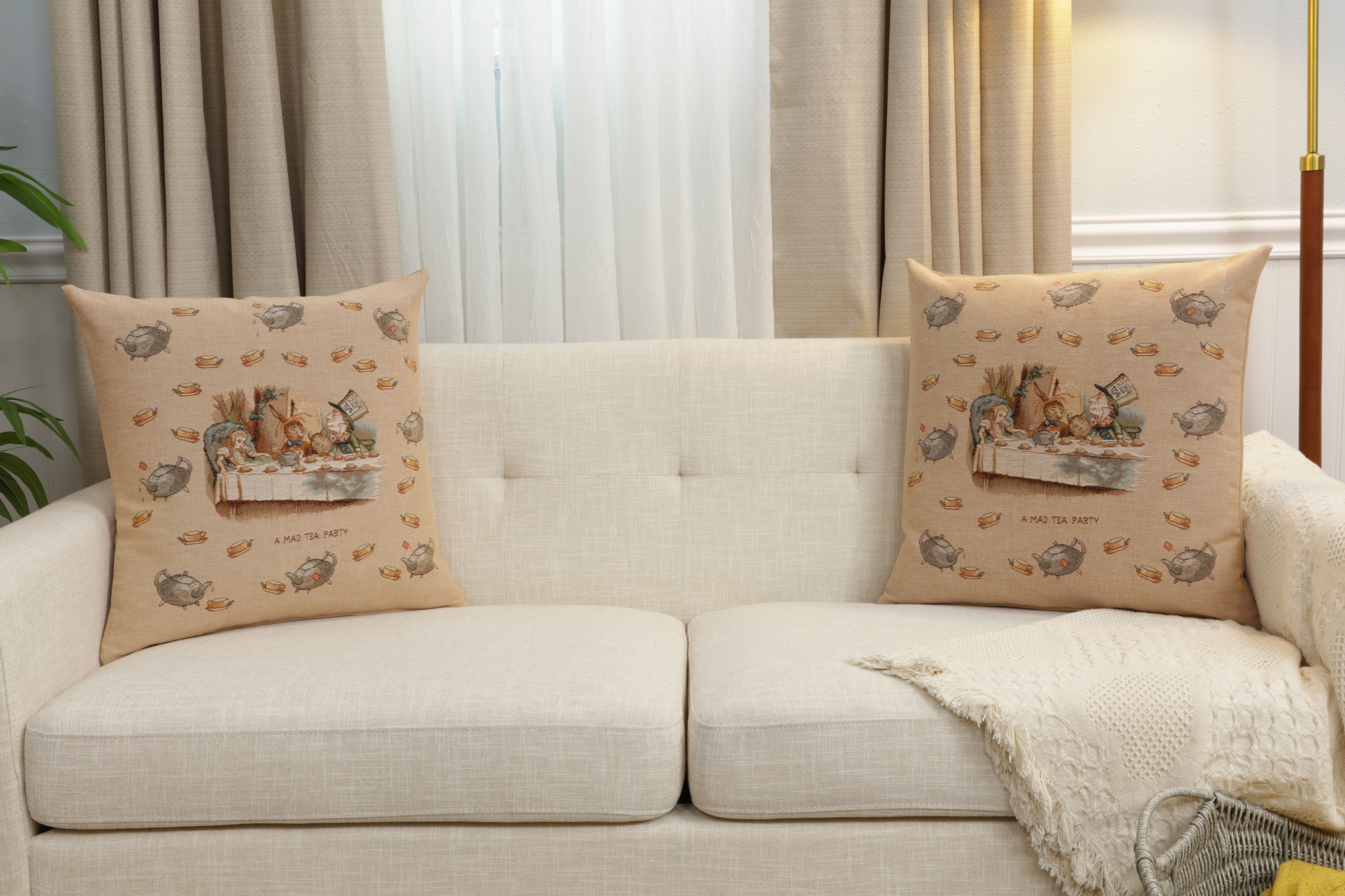 John Tenniel The Tea Party Tapestry Pillow Cover 19x19 Inch Cotton Jacquard Woven Cushion Cover