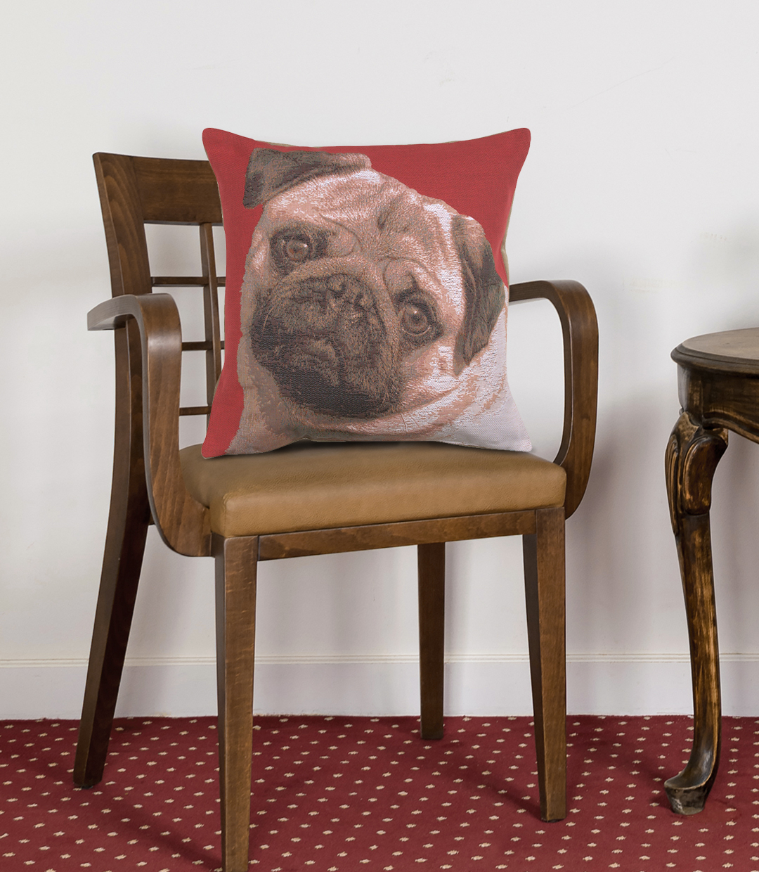 Thomas Theodor Heine Pugs Face Red I Tapestry Pillow Cover 18x18 Inch Cotton Jacquard Woven Cushion Cover