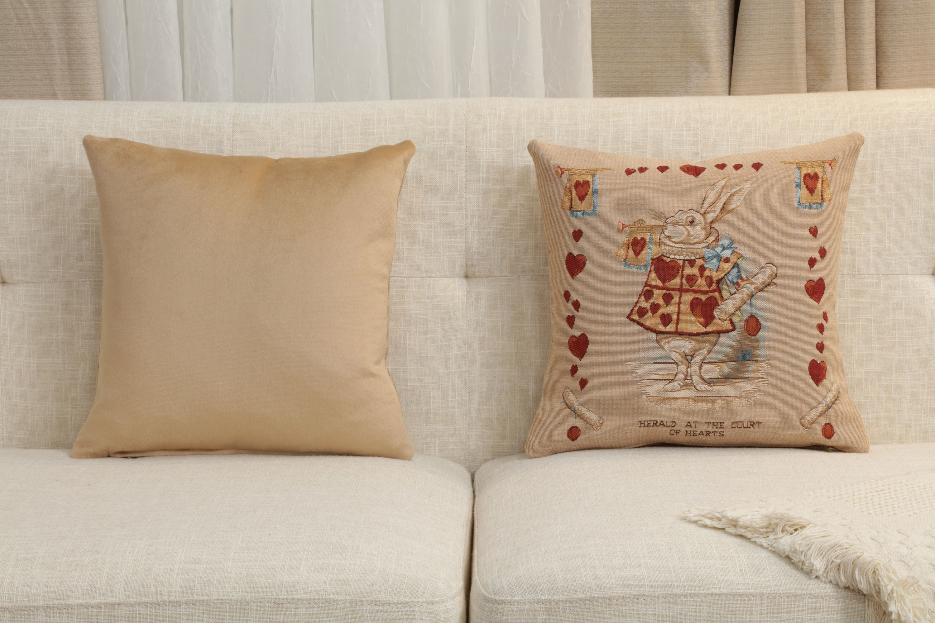 John Tenniel Heart Rabbit Tapestry Pillow Cover 14x14 Inch Cotton Jacquard Woven Cushion Cover