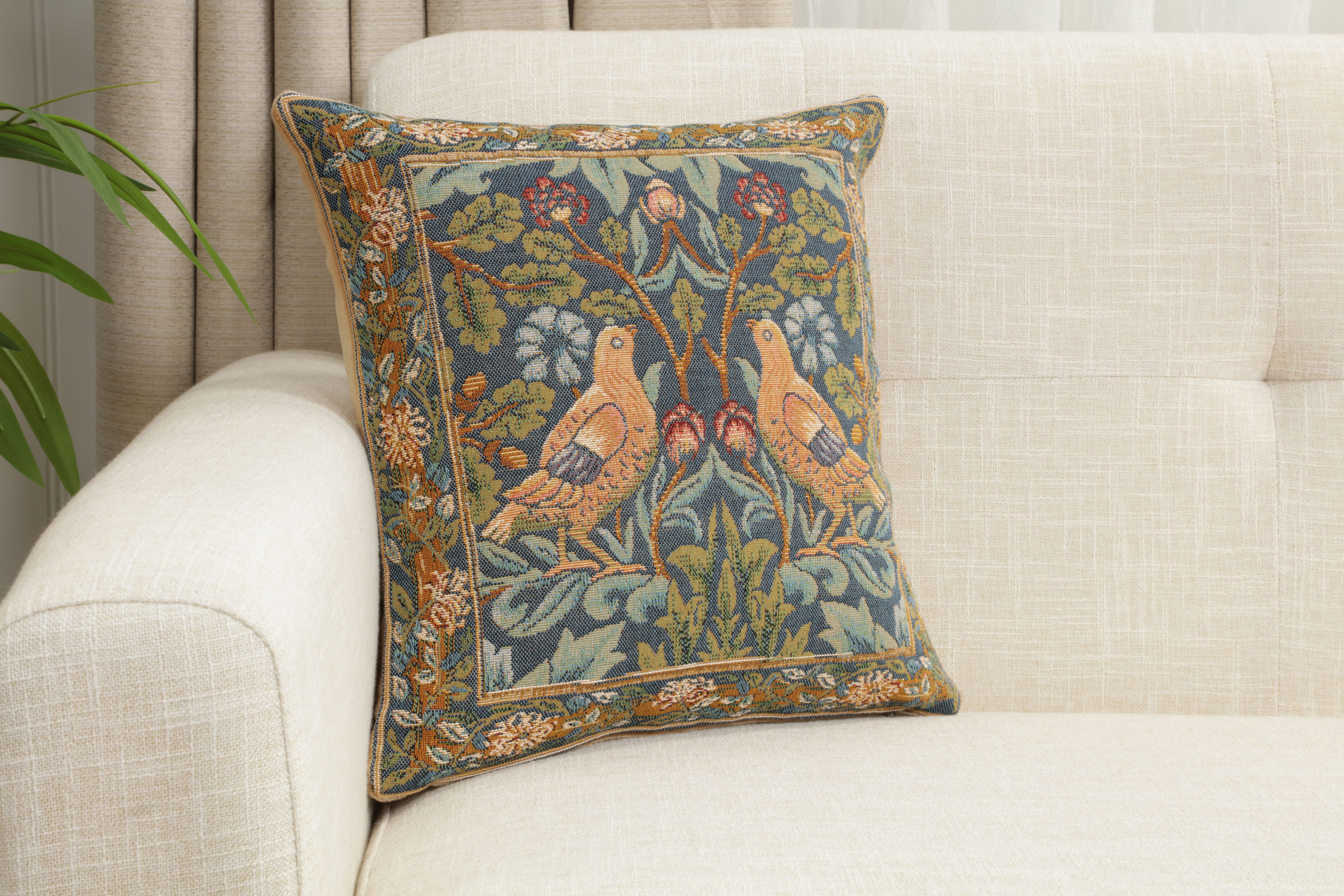Brother Bird Medieval Tapestry Pillow Cover 14x14 European Cotton Jacquard Woven Cushion Cover