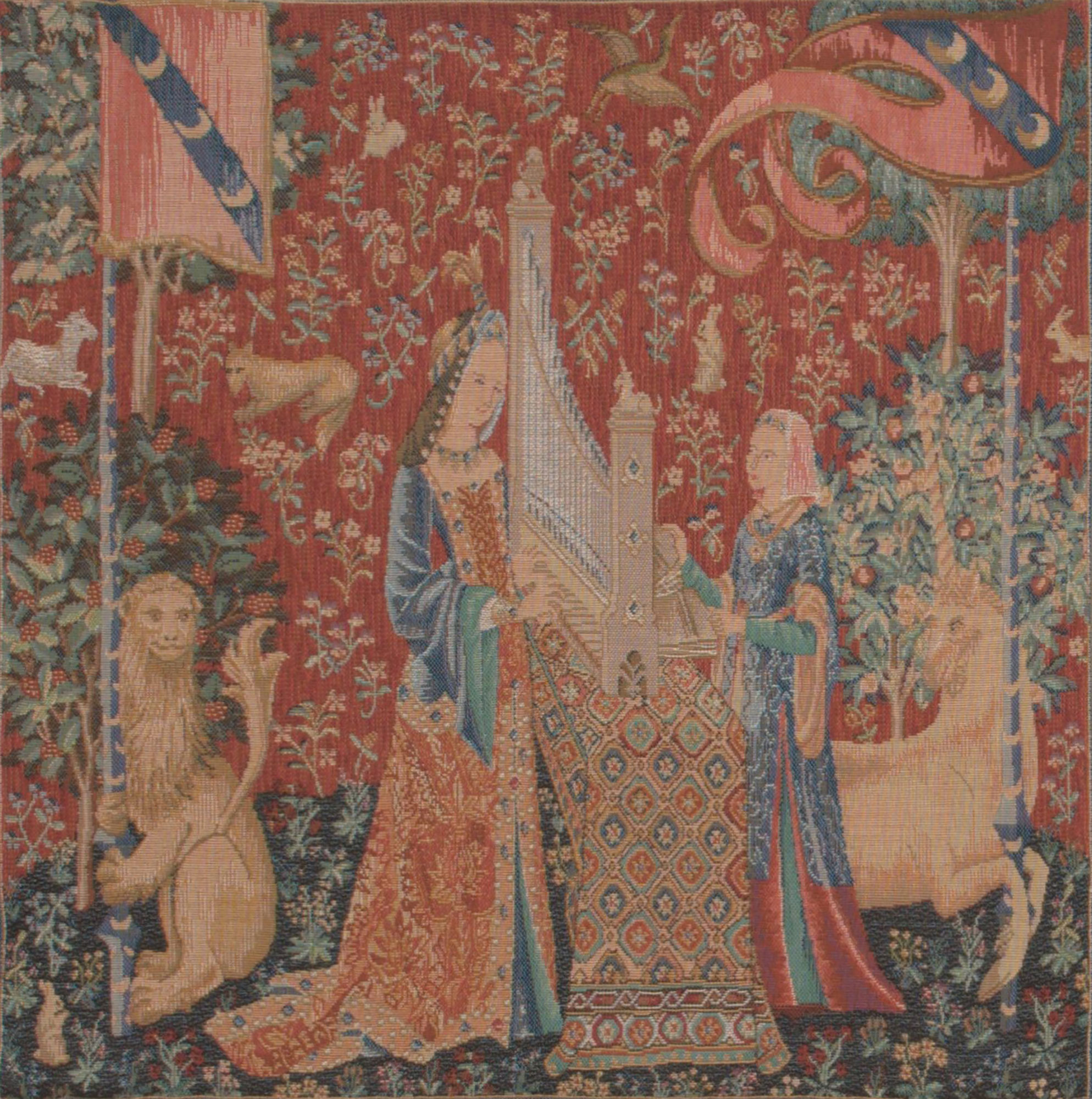 Medieval The Hearing Small Tapestry Pillow Cover 14x14 Inch Cotton Jacquard Woven Cushion Cover