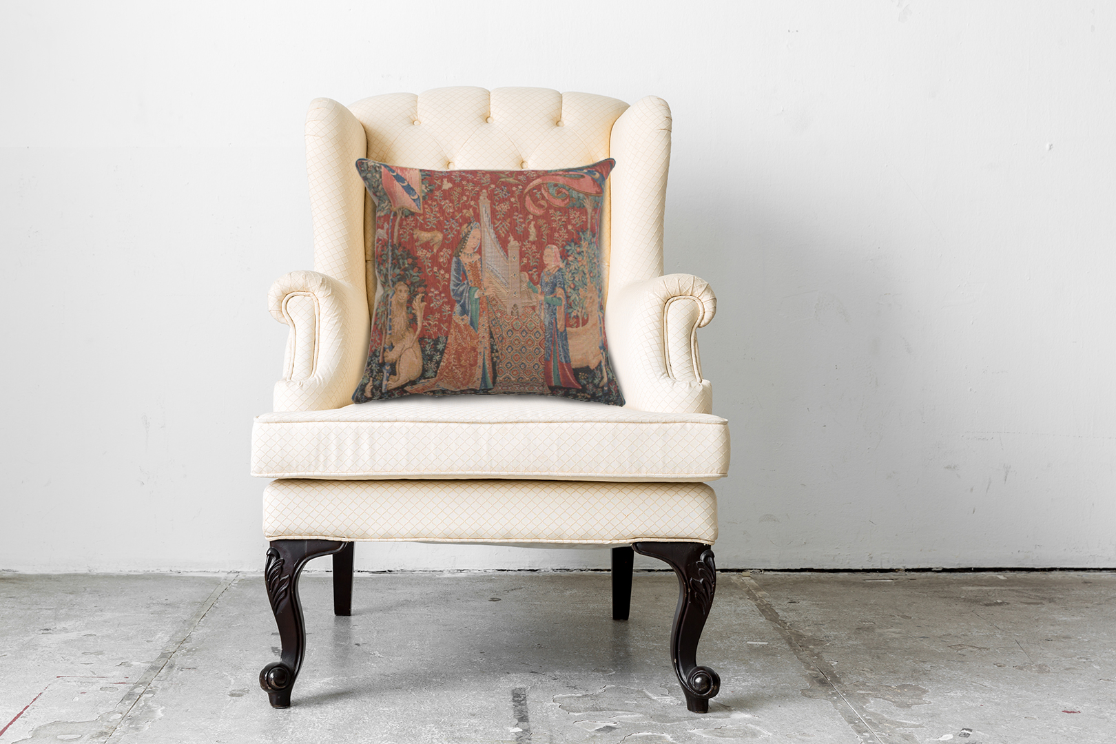 Medieval The Hearing Small Tapestry Pillow Cover 14x14 Inch Cotton Jacquard Woven Cushion Cover