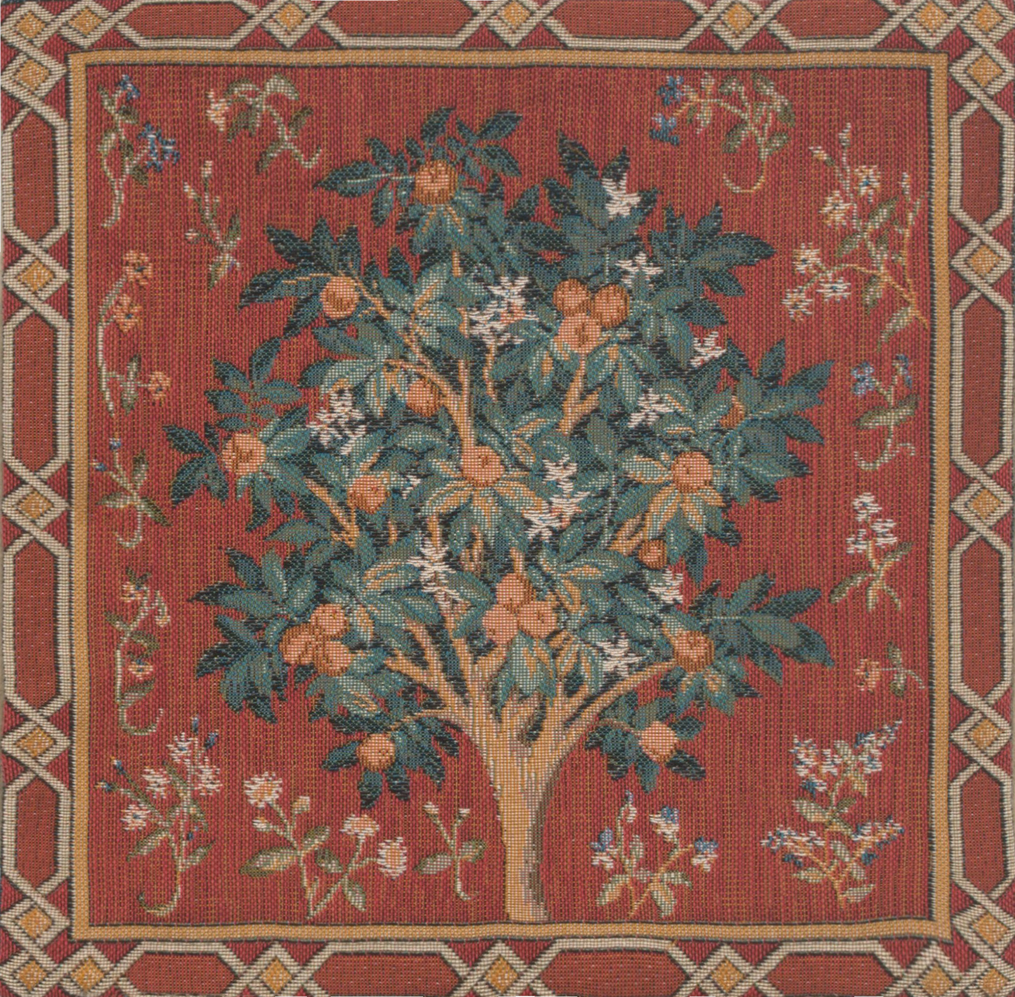 Medieval Orange Tree Small Tapestry Pillow Cover 14x14 Inch Cotton Jacquard Woven Cushion Cover