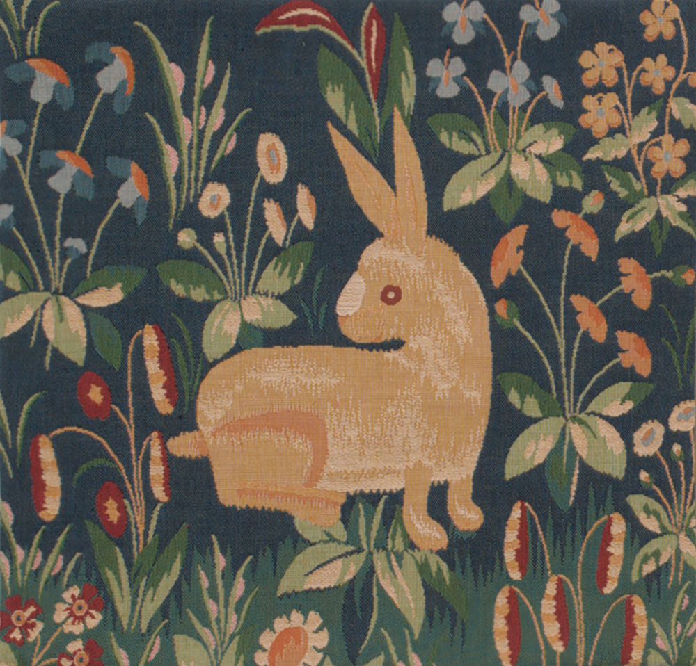 Medieval Rabbit in Blue Tapestry Pillow Cover 14x14 Inch Cotton Jacquard Woven Cushion Cover