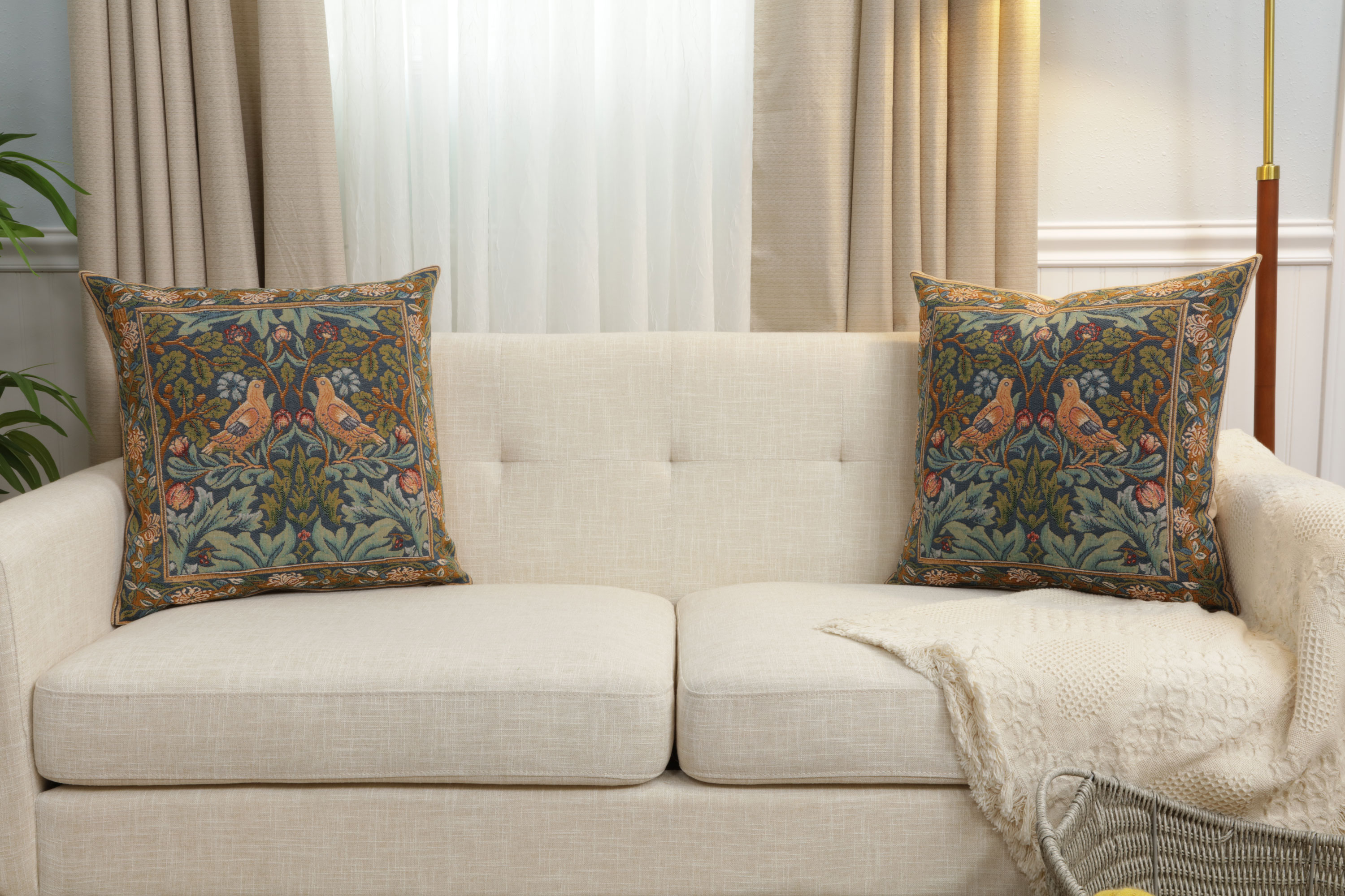 Brother Bird Left Medieval Tapestry Pillow Cover 19x19 inch European Cotton Jacquard Woven Cushion Cover