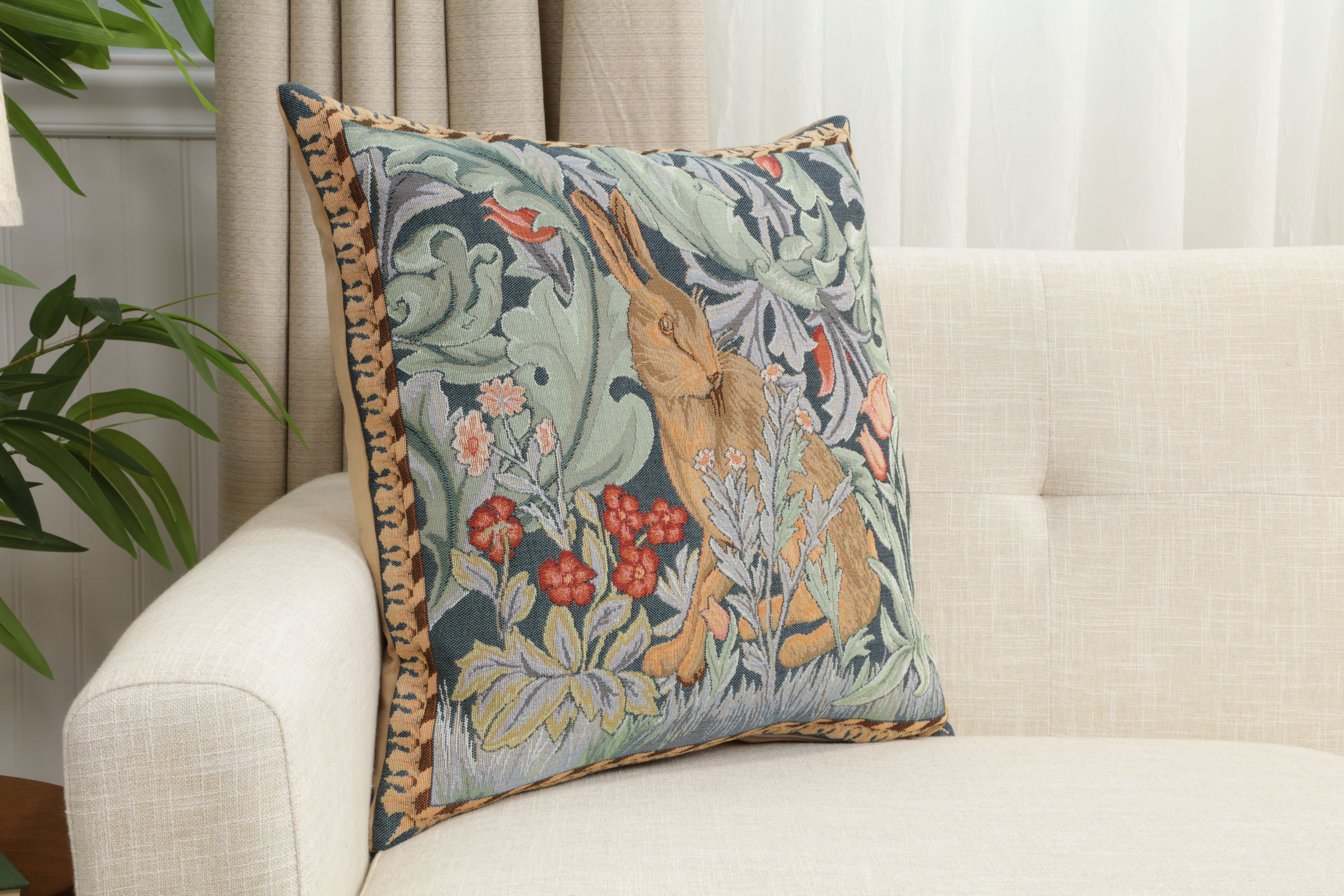 Rabbit Facing Left Medieval Tapestry Pillow Cover 19x19 inch European Cotton Jacquard Woven Cushion Cover