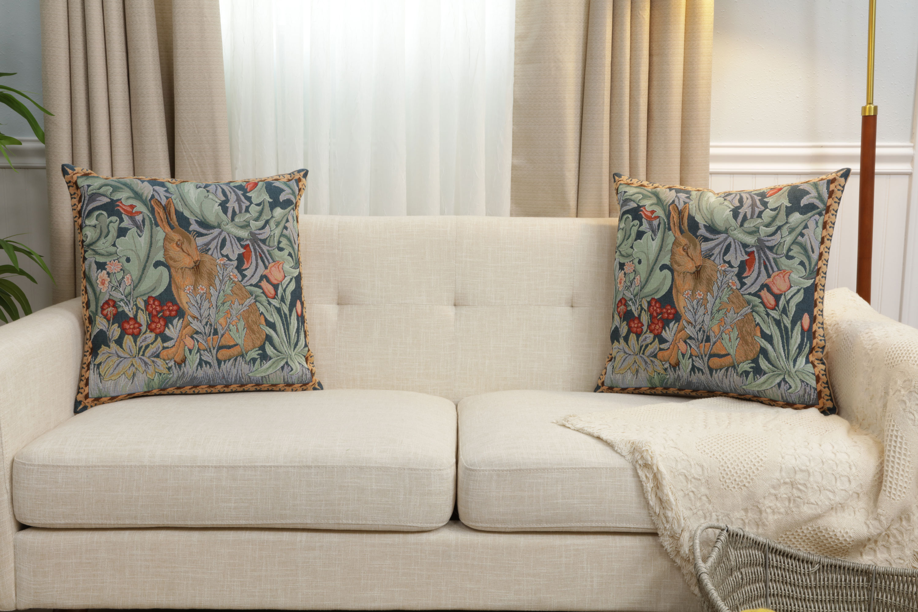 Rabbit Facing Left Medieval Tapestry Pillow Cover 19x19 inch European Cotton Jacquard Woven Cushion Cover