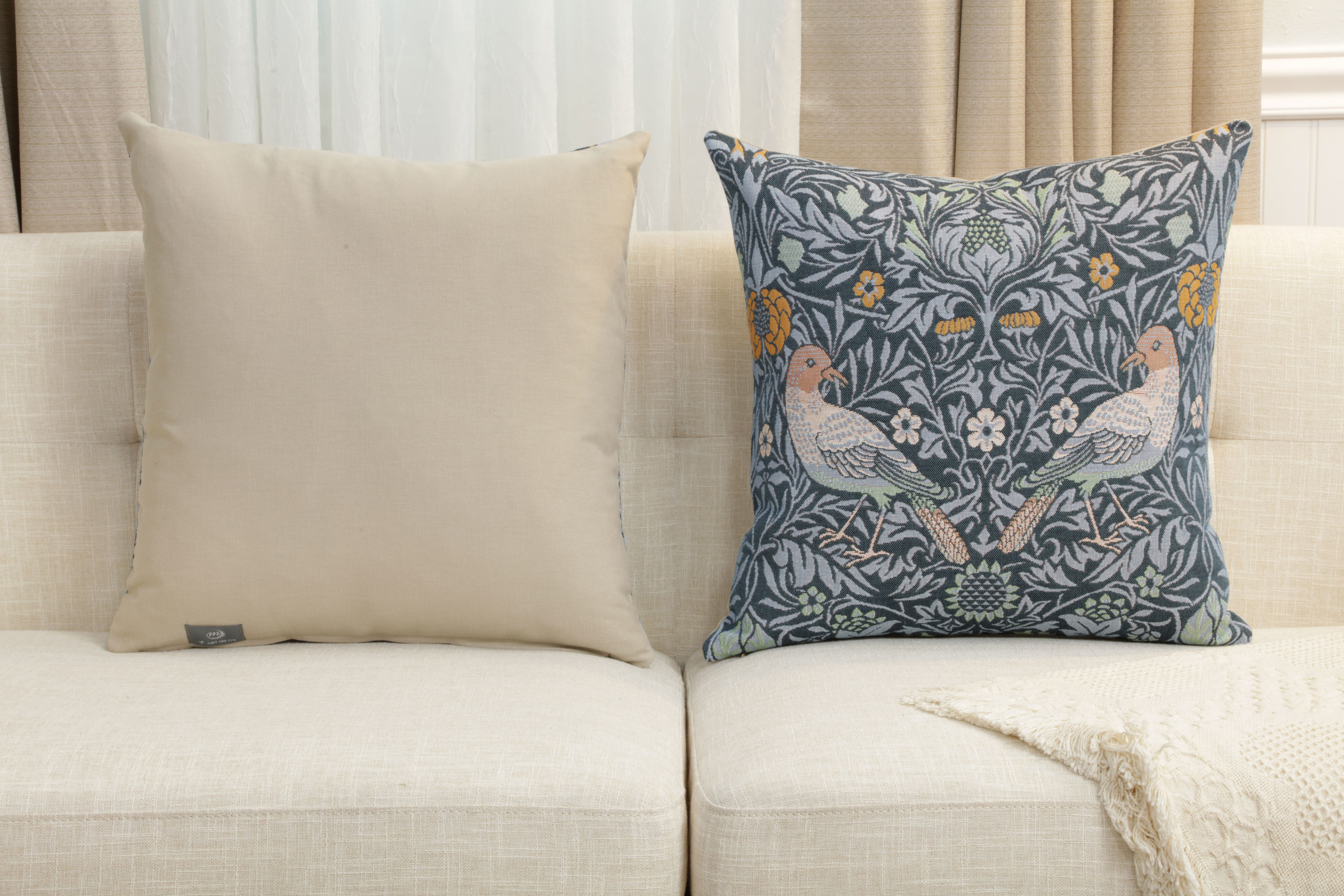 Bird Couple Medieval Tapestry Pillow Cover 19x19 inch European Cotton Jacquard Woven Cushion Cover