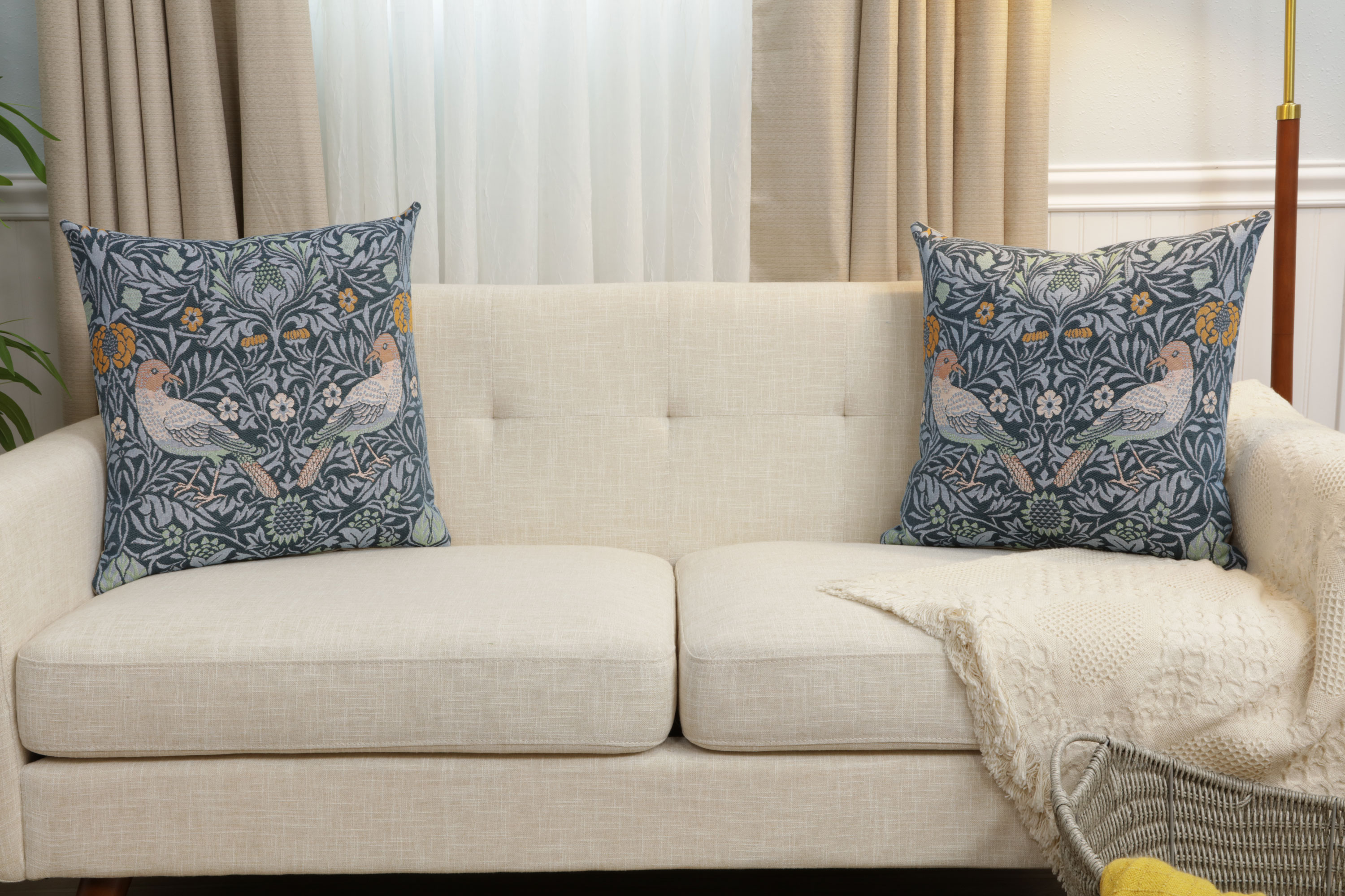 Bird Couple Medieval Tapestry Pillow Cover 19x19 inch European Cotton Jacquard Woven Cushion Cover