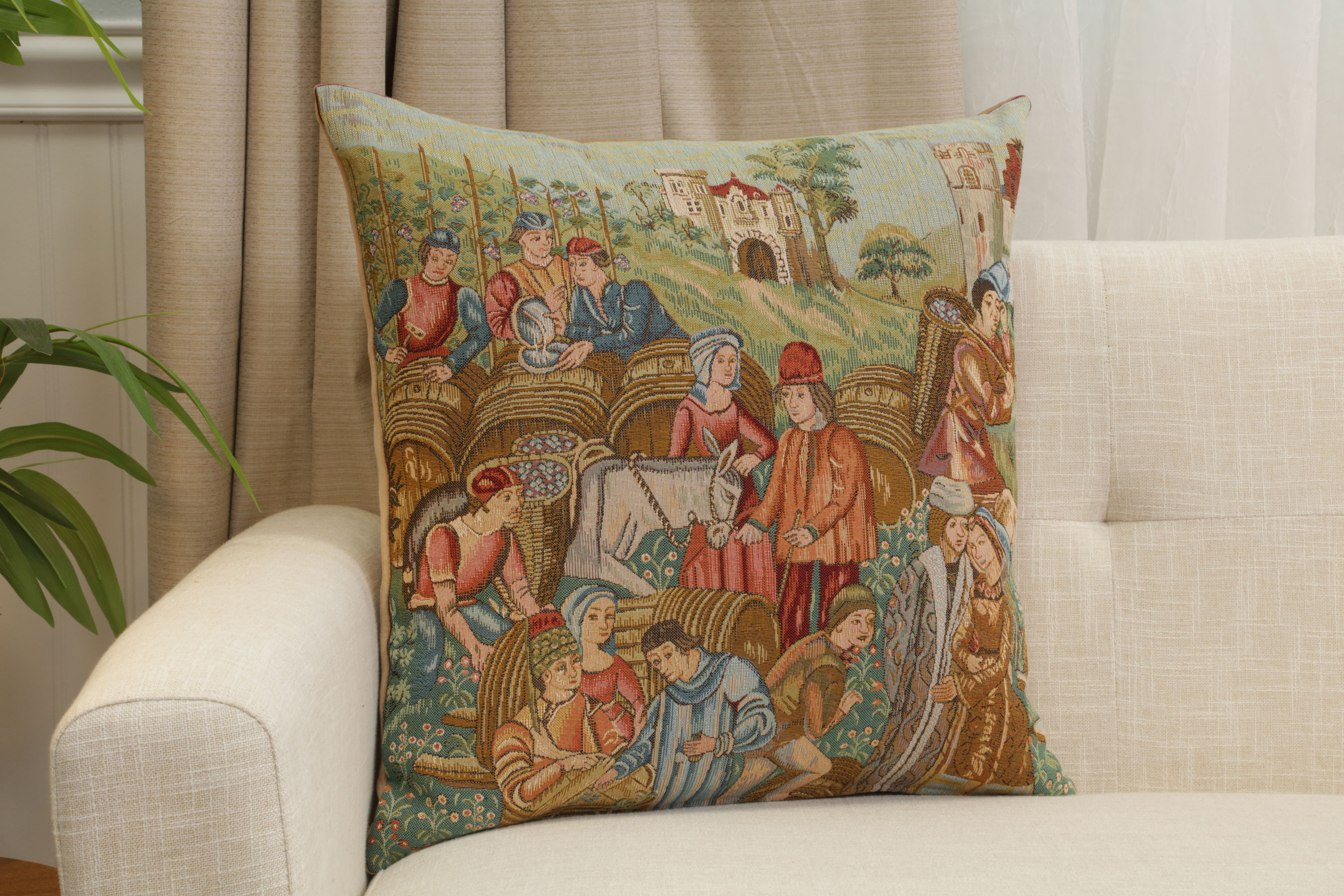 Medieval Wine Making II Tapestry Pillow Cover 19x19 Inch Cotton Jacquard Woven Cushion Cover