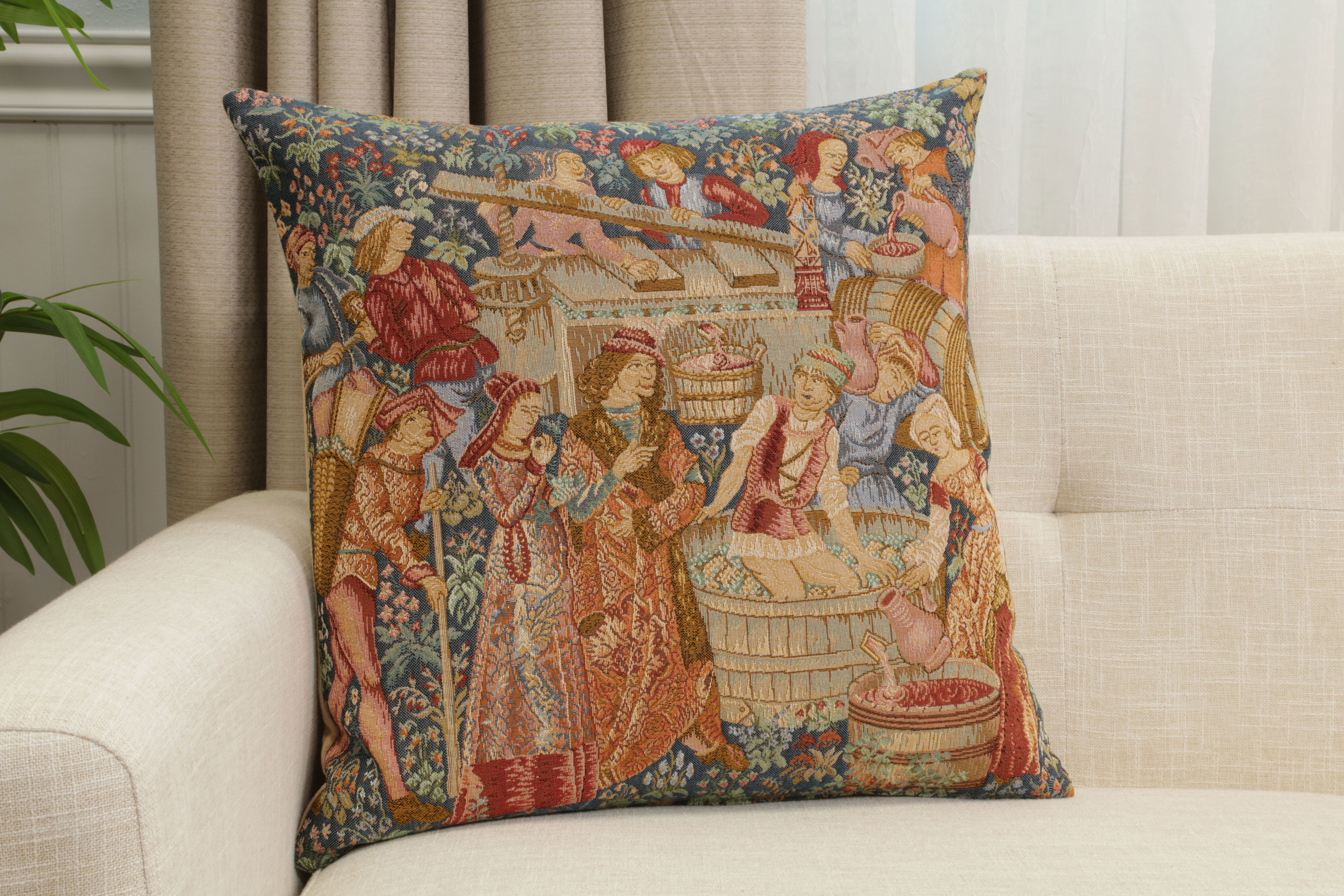Medieval The Wine Press Tapestry Pillow Cover 19x19 Inch Cotton Jacquard Woven Cushion Cover