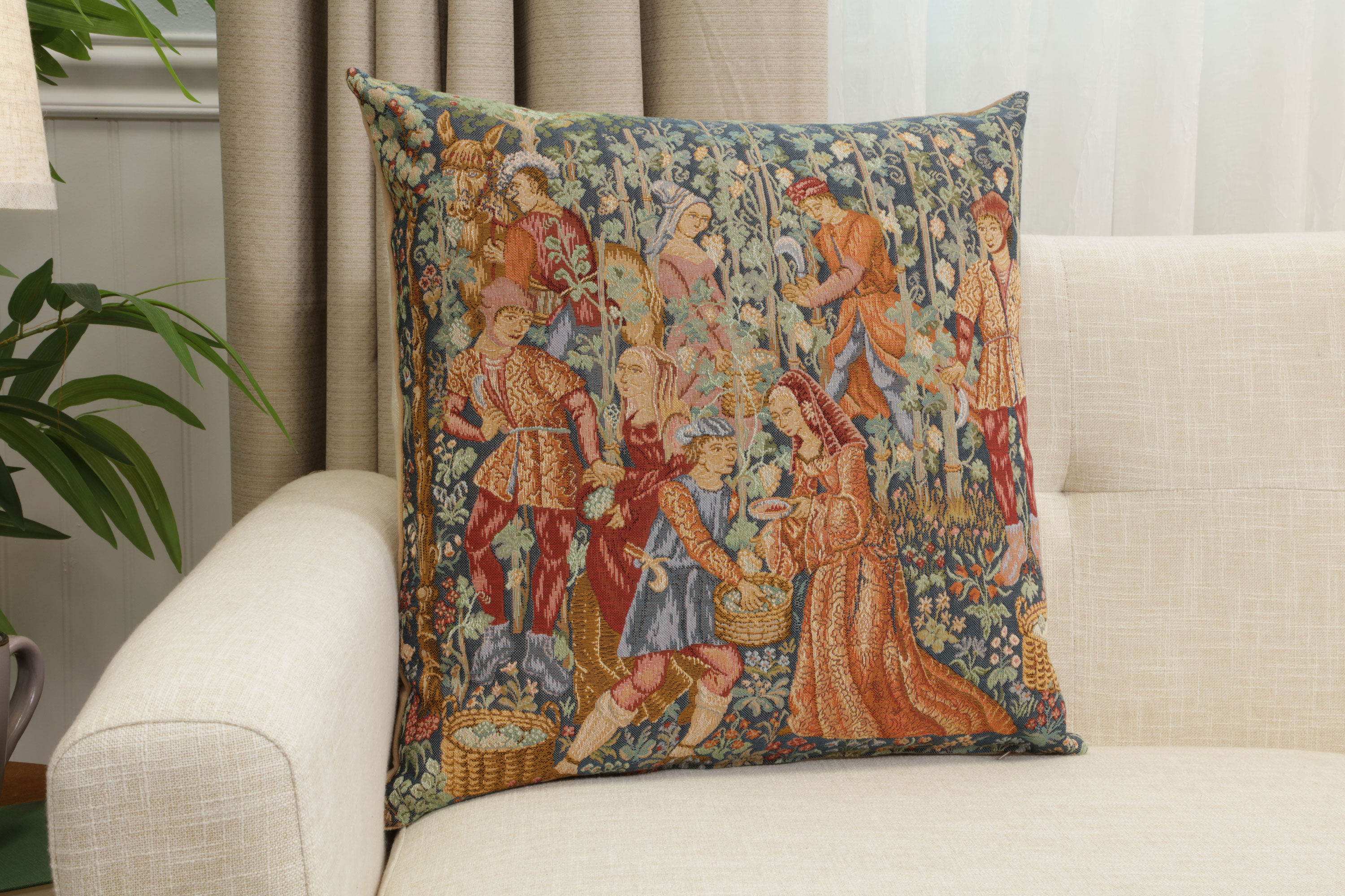 Medieval Wine Making Tapestry Pillow Cover 19x19 Inch Cotton Jacquard Woven Cushion Cover