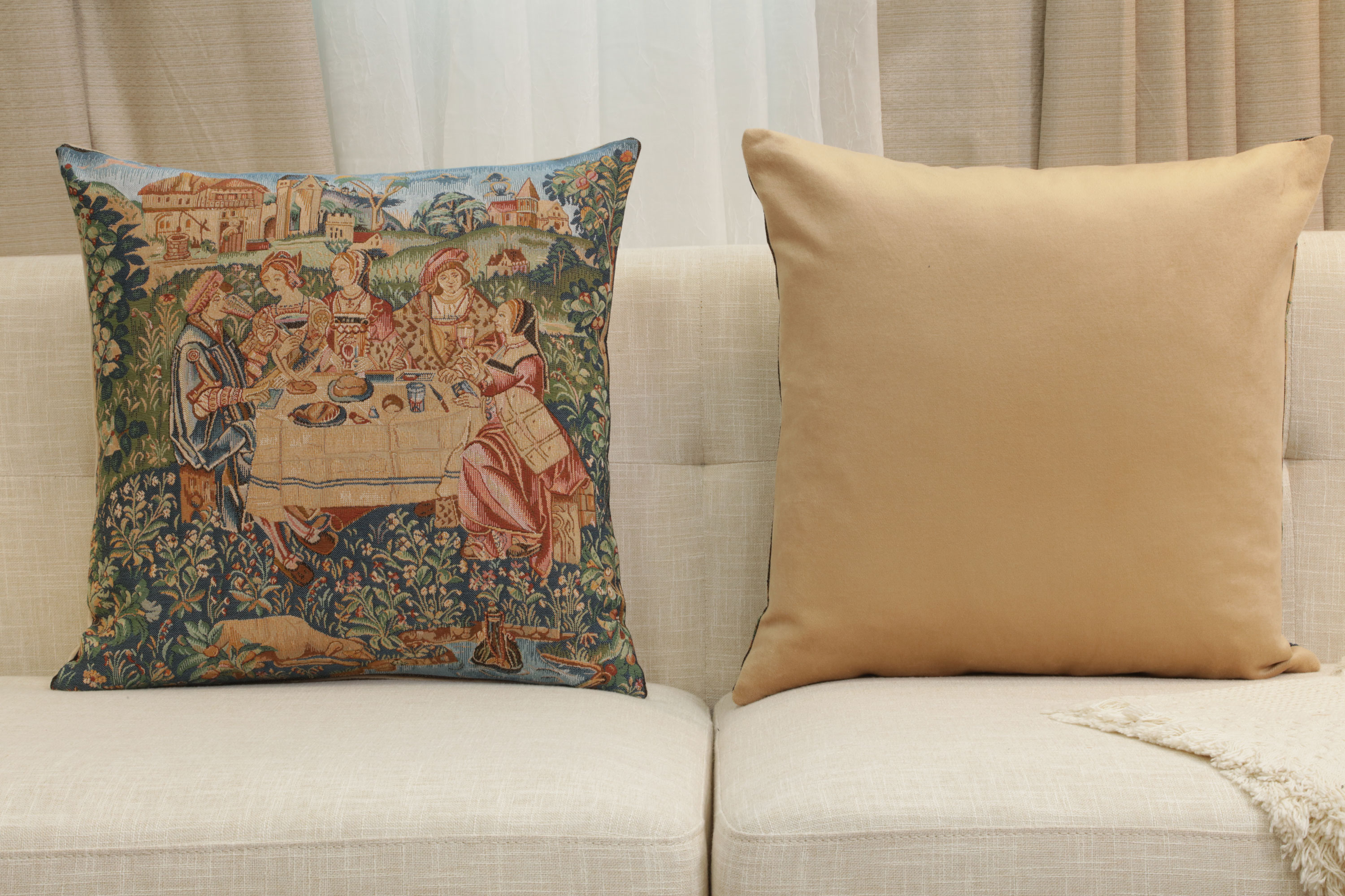 Medieval The Feast I Tapestry Pillow Cover 19x19 Inch Cotton Jacquard Woven Cushion Cover
