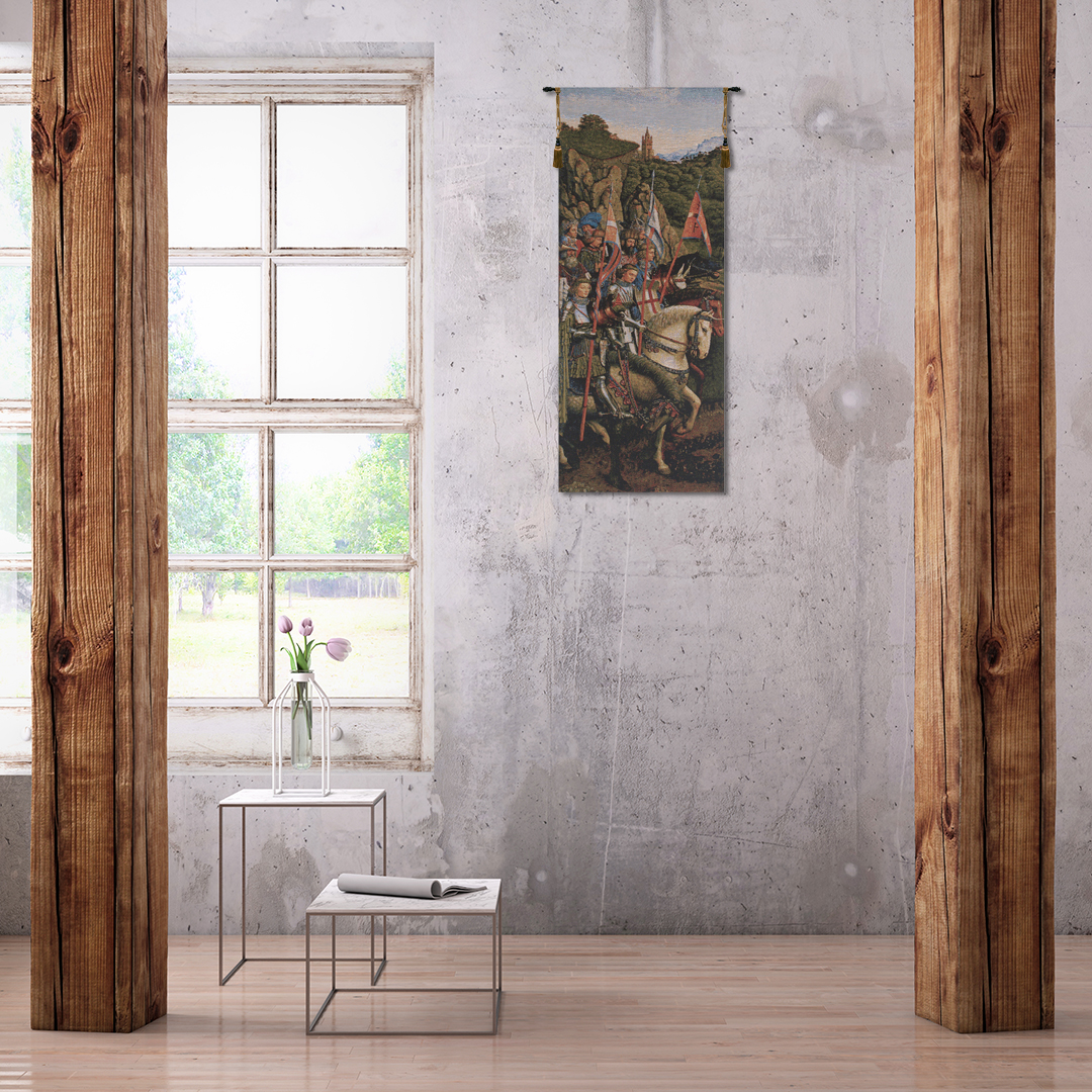Jan van Eyck Knights Of Christ Medieval Tapestry Wall Hanging 32 x 14 in Ghent Altarpiece Christian Knights Jacquard Woven Wall Art