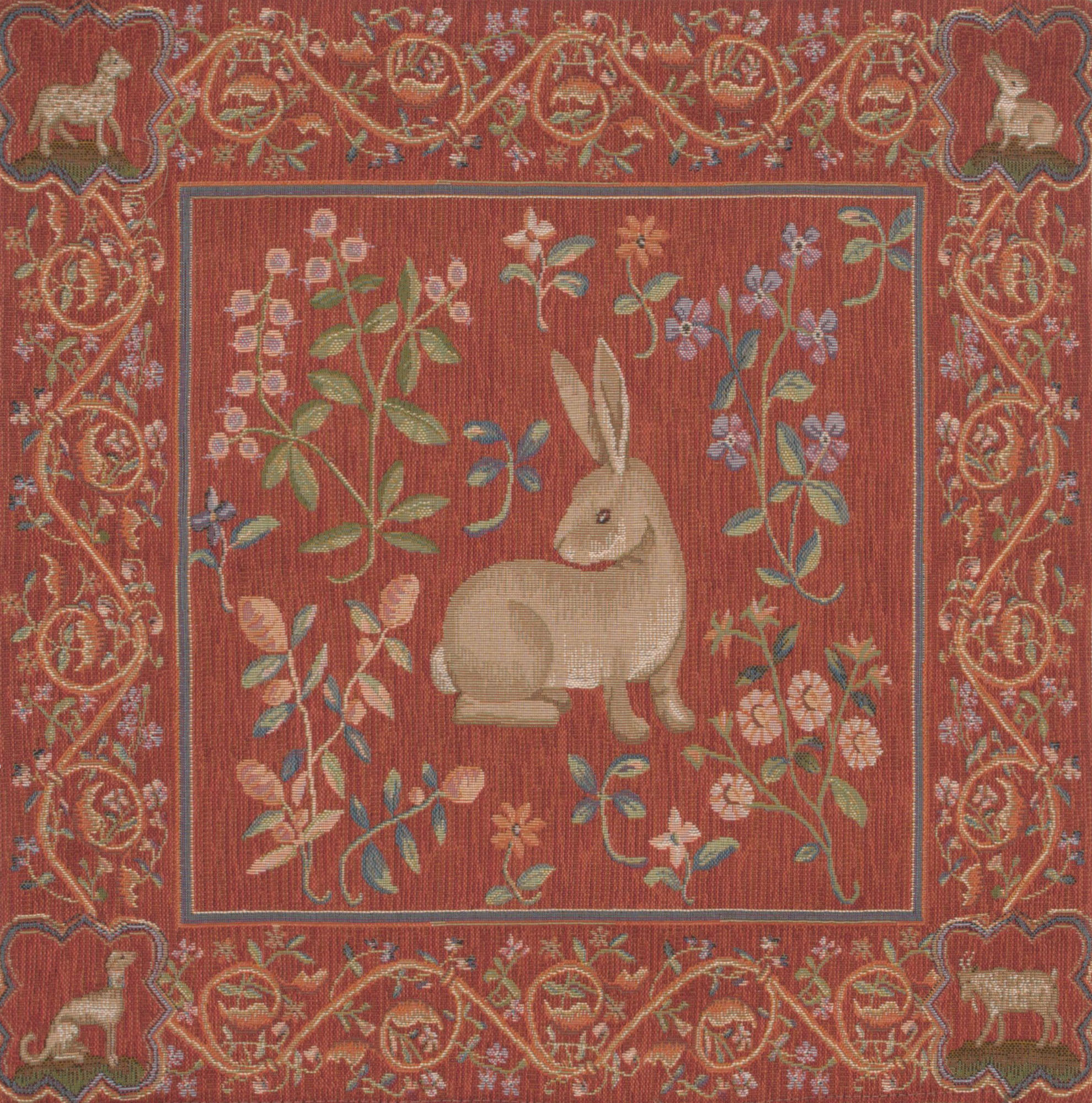 Medieval Rabbit I Tapestry Pillow Cover 19x19 Inch Cotton Jacquard Woven Cushion Cover