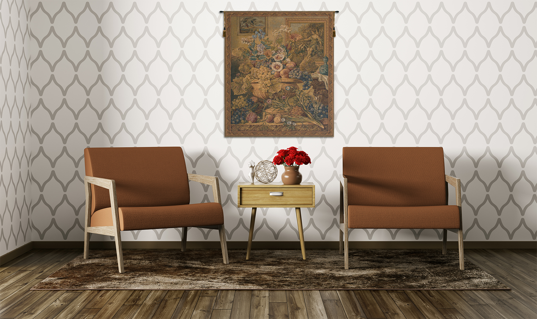 Bouquet and Frames Belgian Tapestry Wall Hanging 31x26 Inch Cotton Jacquard Woven Wall Tapestry