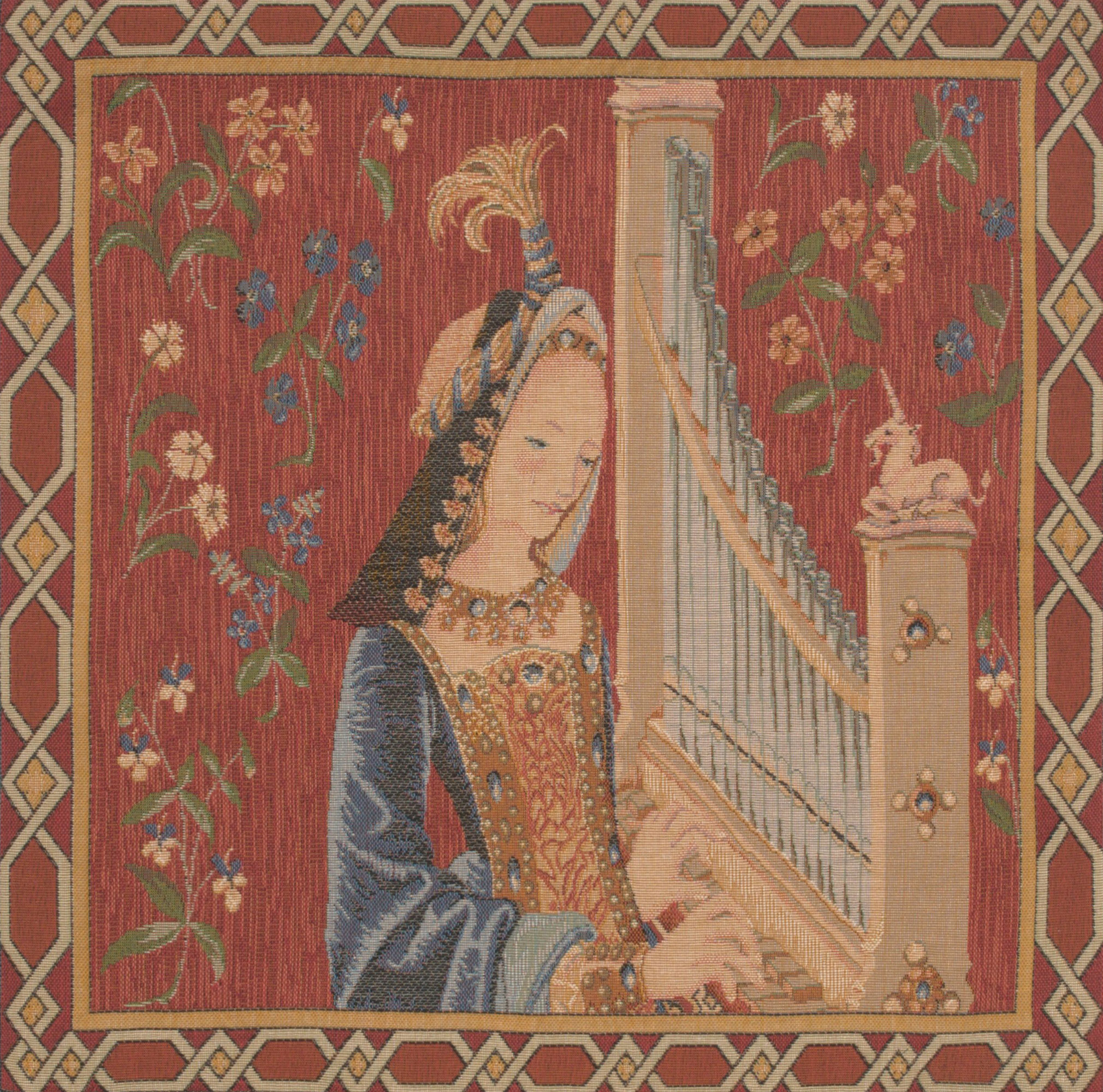 Medieval L'Ouie The Hearing Tapestry Pillow Cover 19x19 Inch Cotton Jacquard Woven Cushion Cover