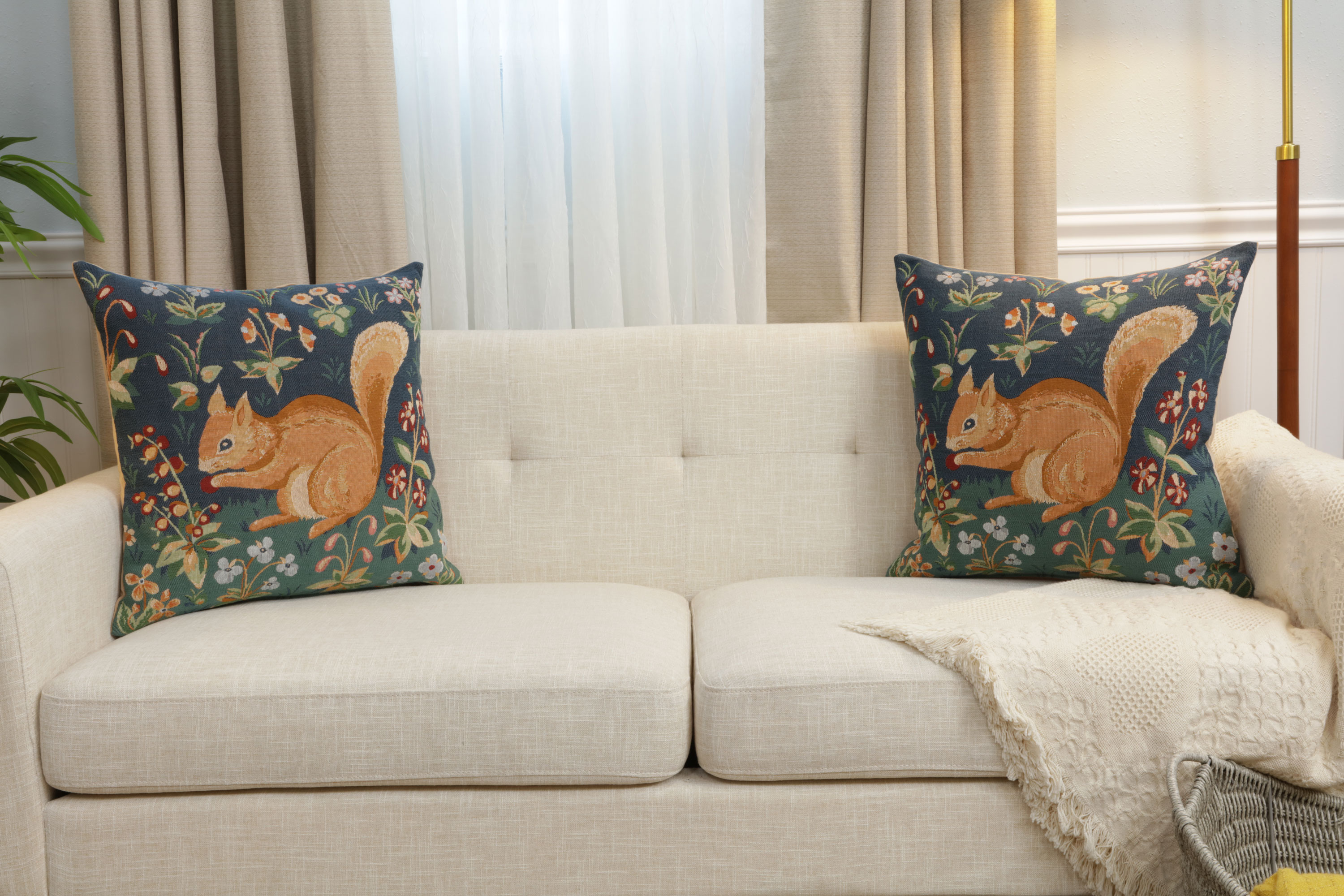 Medieval Tree Squirrel Tapestry Pillow Cover 19x19 Inch Cotton Jacquard Woven Cushion Cover
