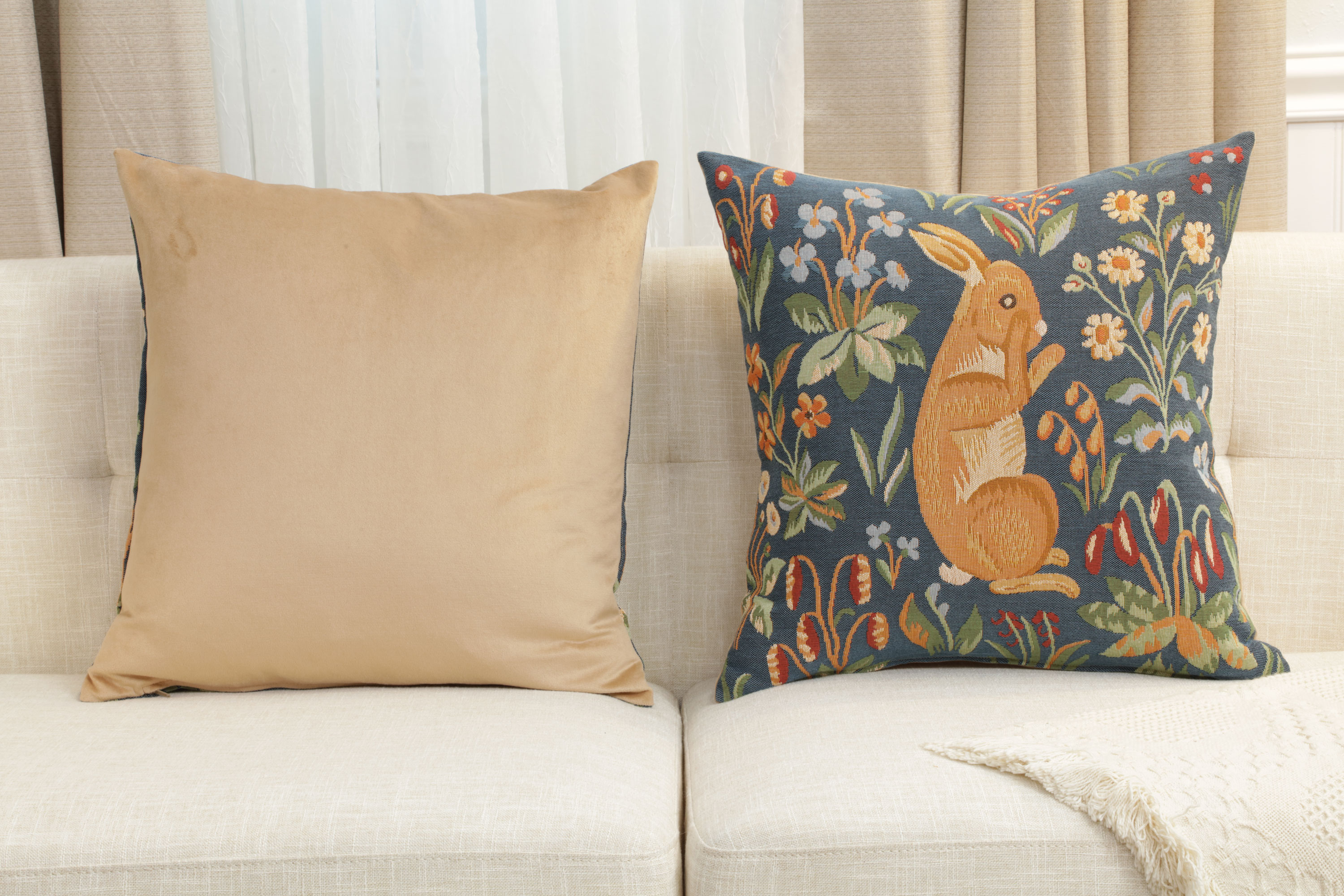 Medieval Rabbit Upright Tapestry Pillow Cover 19x19 Inch Cotton Jacquard Woven Cushion Cover