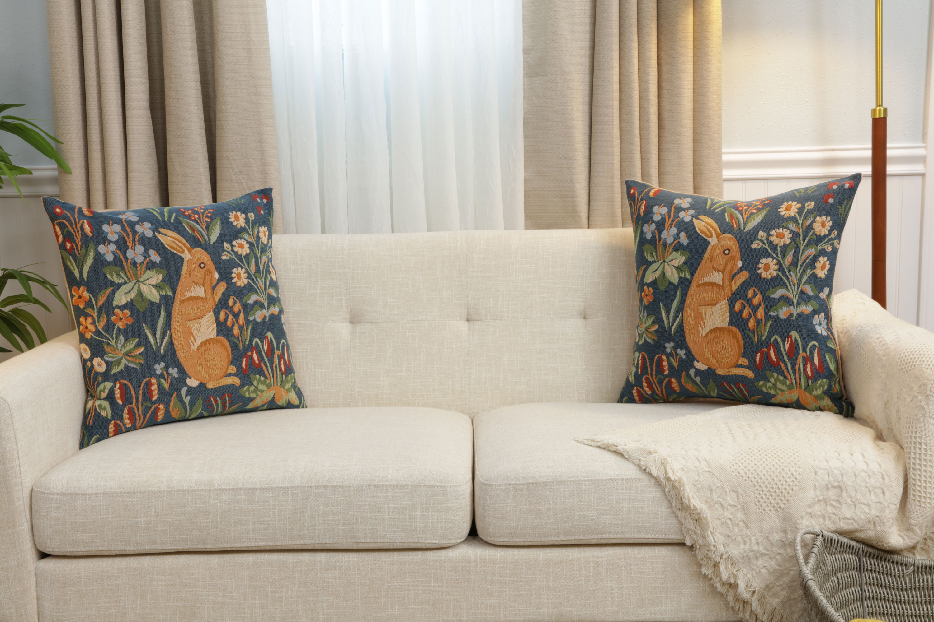 Medieval Rabbit Upright Tapestry Pillow Cover 19x19 Inch Cotton Jacquard Woven Cushion Cover