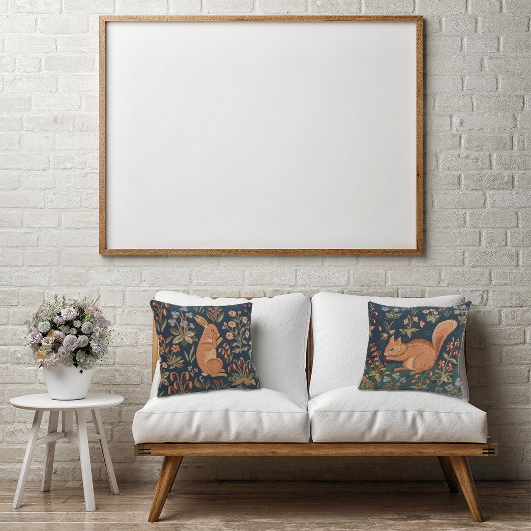 Medieval Rabbit Upright Tapestry Pillow Cover 19x19 Inch Cotton Jacquard Woven Cushion Cover
