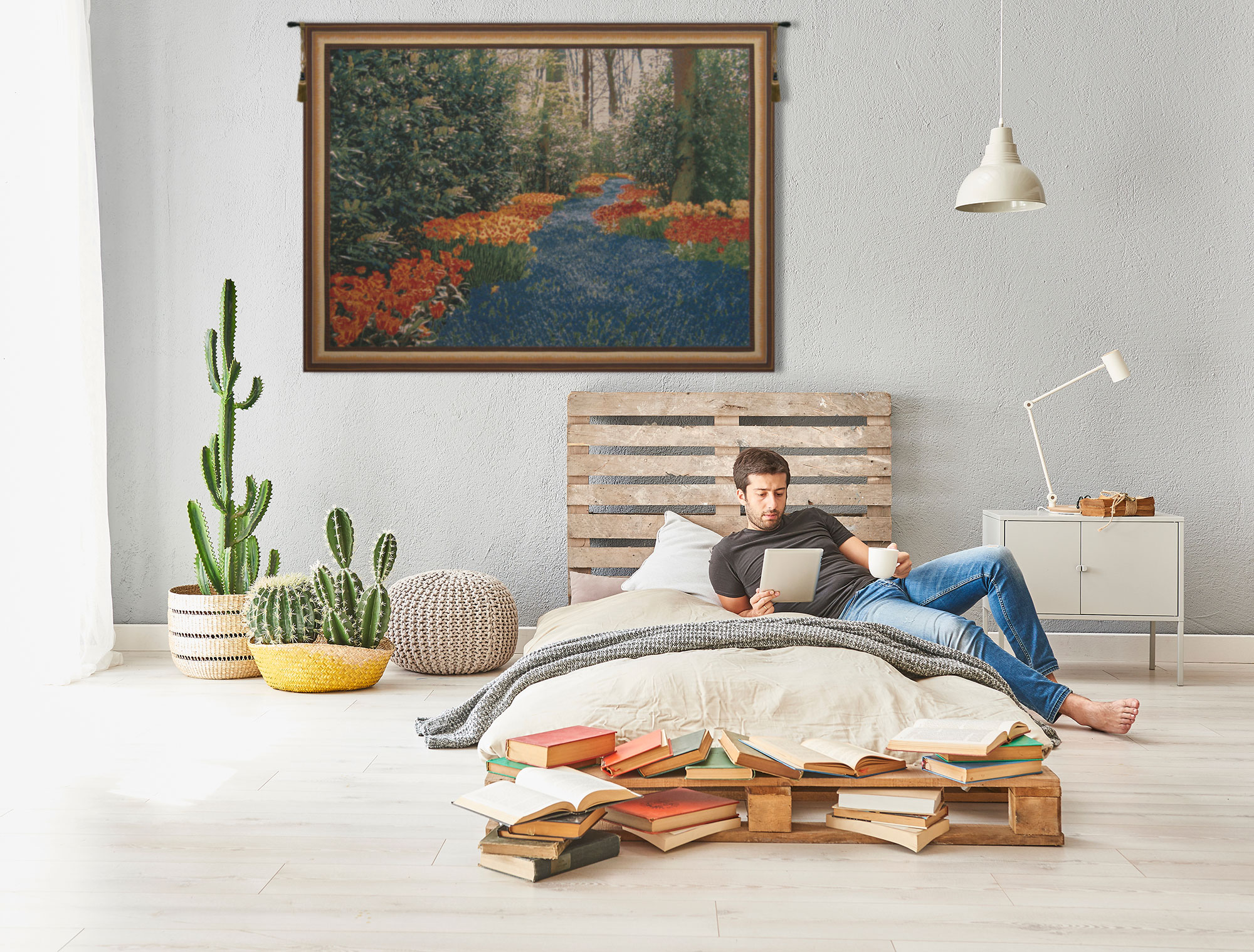 Keukenhof Blue Belgian Tapestry Wall Hanging 48x69 Inch Cotton Jacquard Woven Wall Tapestry