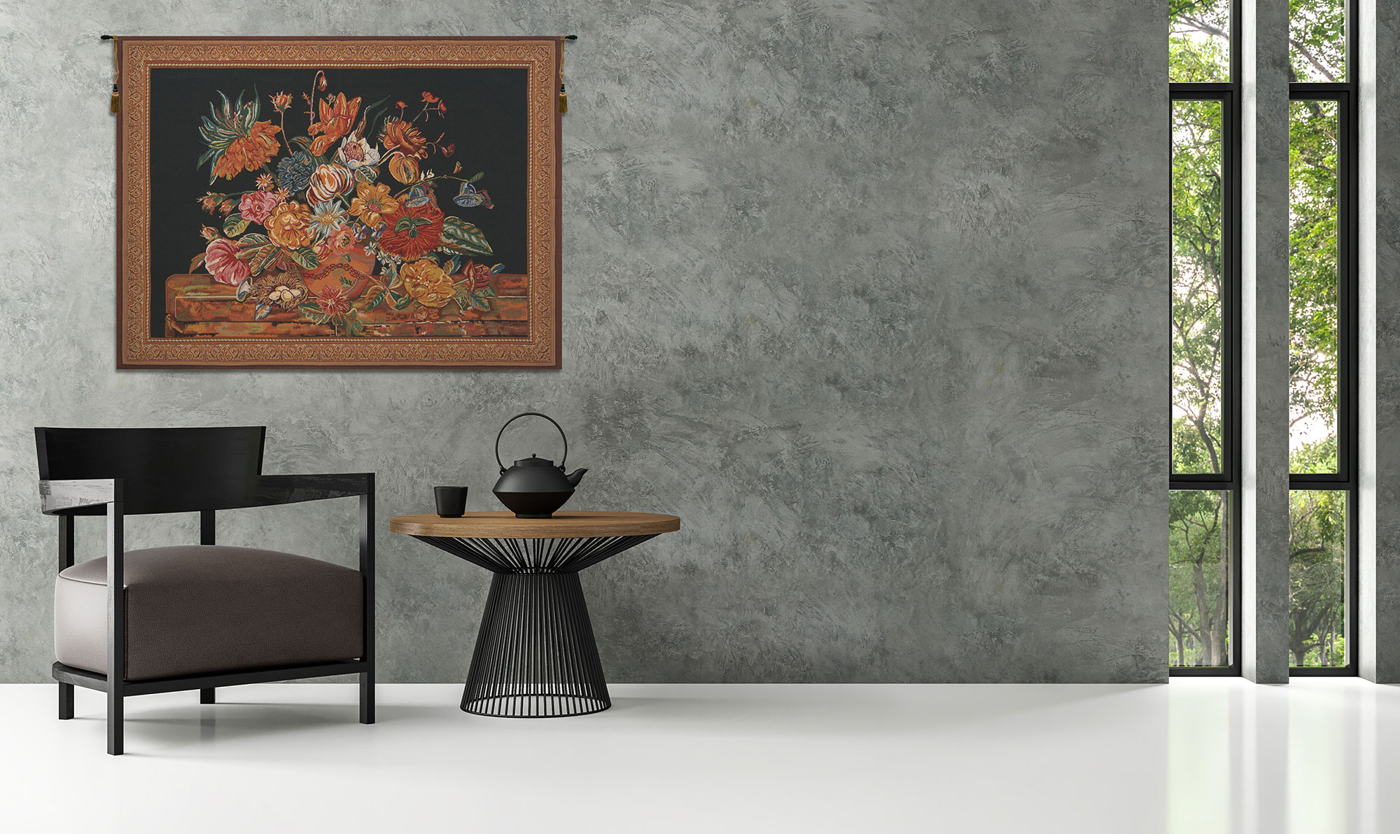 Flora Cotta Black Belgian Tapestry Wall Hanging 33x41 Inch Cotton Jacquard Woven Wall Tapestry