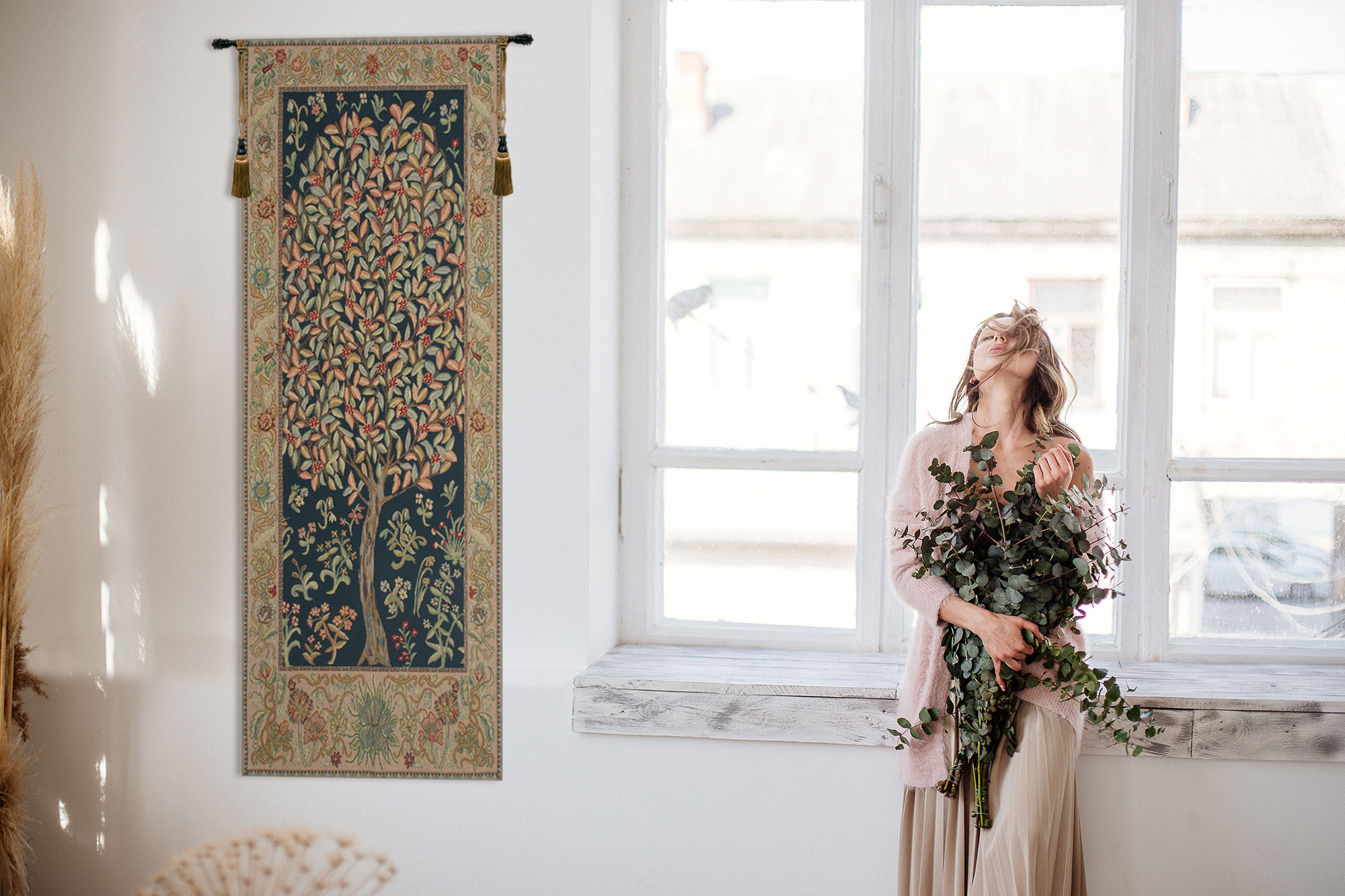 William Morris The Pastel Tree Portiere Tapestry Wall Hanging 70 x 24 in Arts and Crafts Botanical Jacquard Woven Wall Art