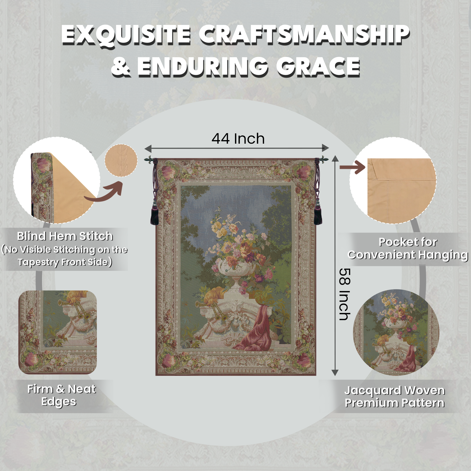 Ornamental Floral French Tapestry Wall Hanging 58x44 Inch Cotton Jacquard Woven Wall Tapestry