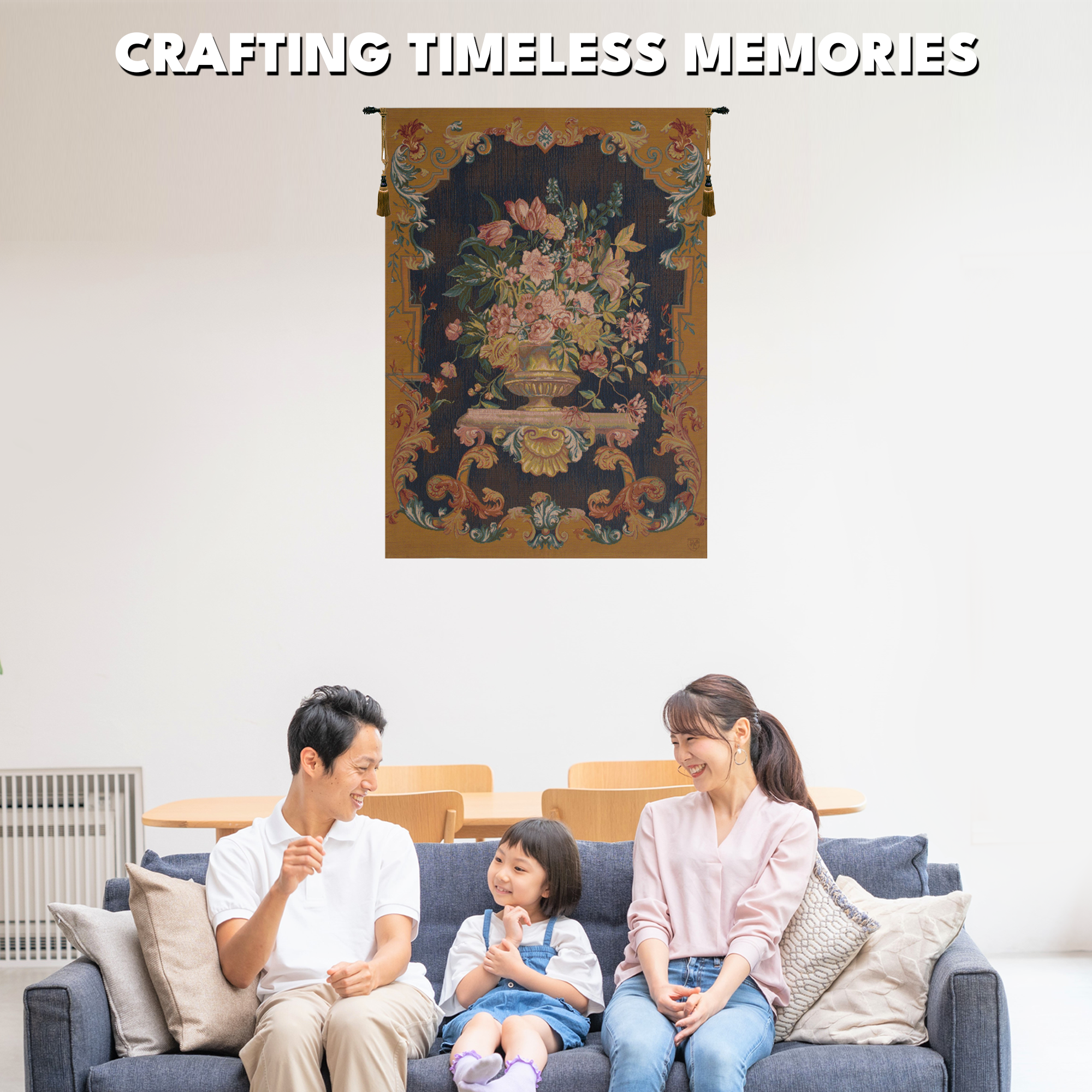 Bouquet XVIII in Bleu French Tapestry Wall Hanging 58x44 Inch Cotton Jacquard Woven Wall Tapestry