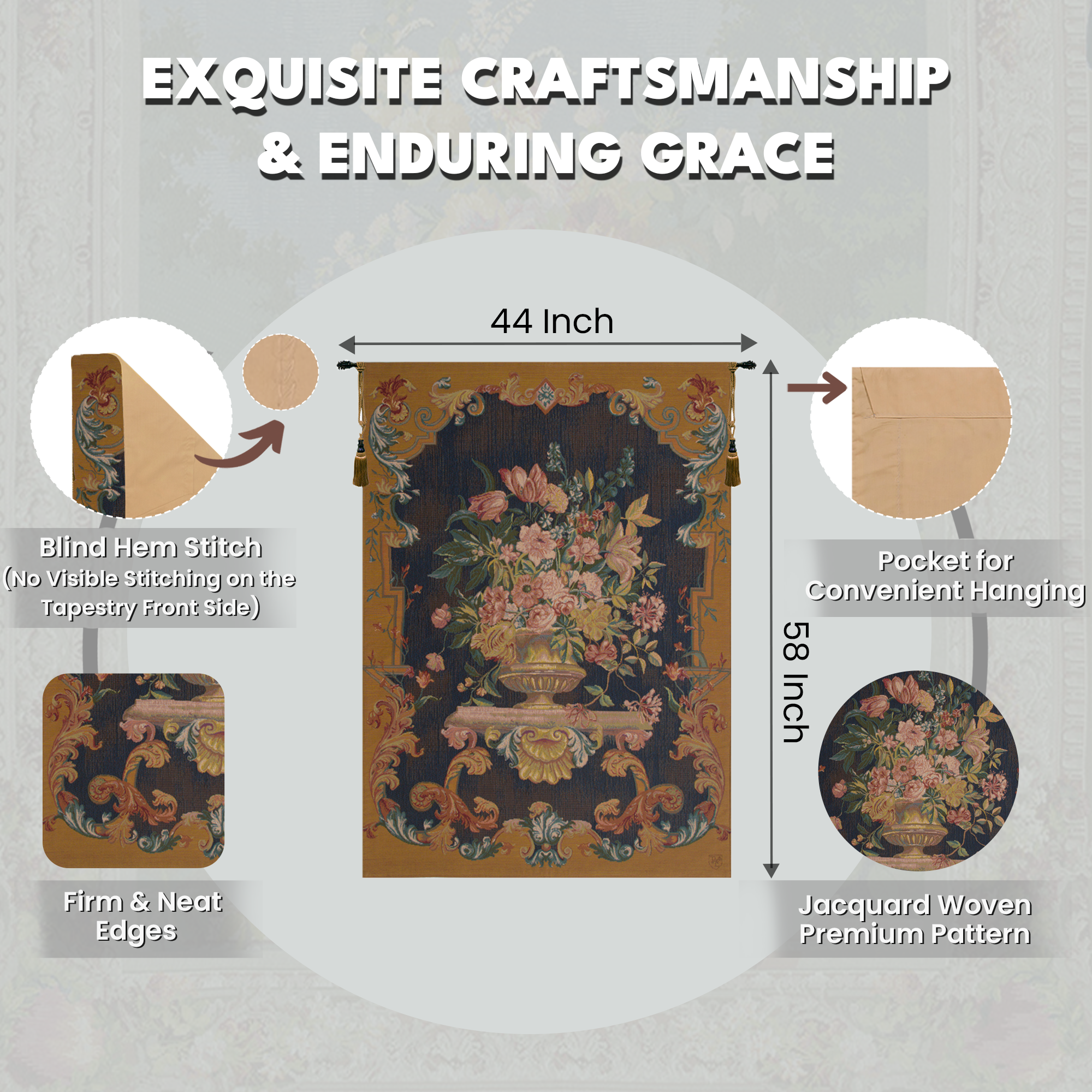 Bouquet XVIII in Bleu French Tapestry Wall Hanging 58x44 Inch Cotton Jacquard Woven Wall Tapestry