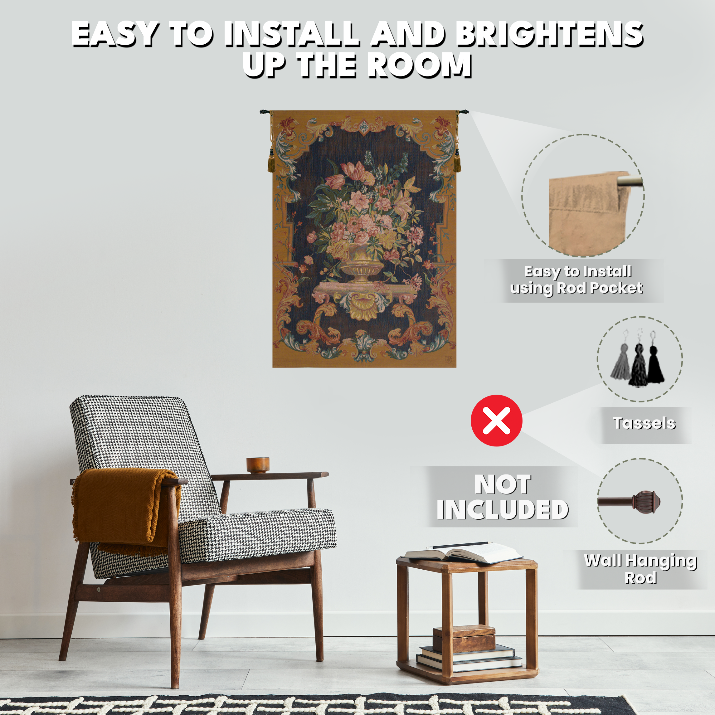Bouquet XVIII in Bleu French Tapestry Wall Hanging 58x44 Inch Cotton Jacquard Woven Wall Tapestry