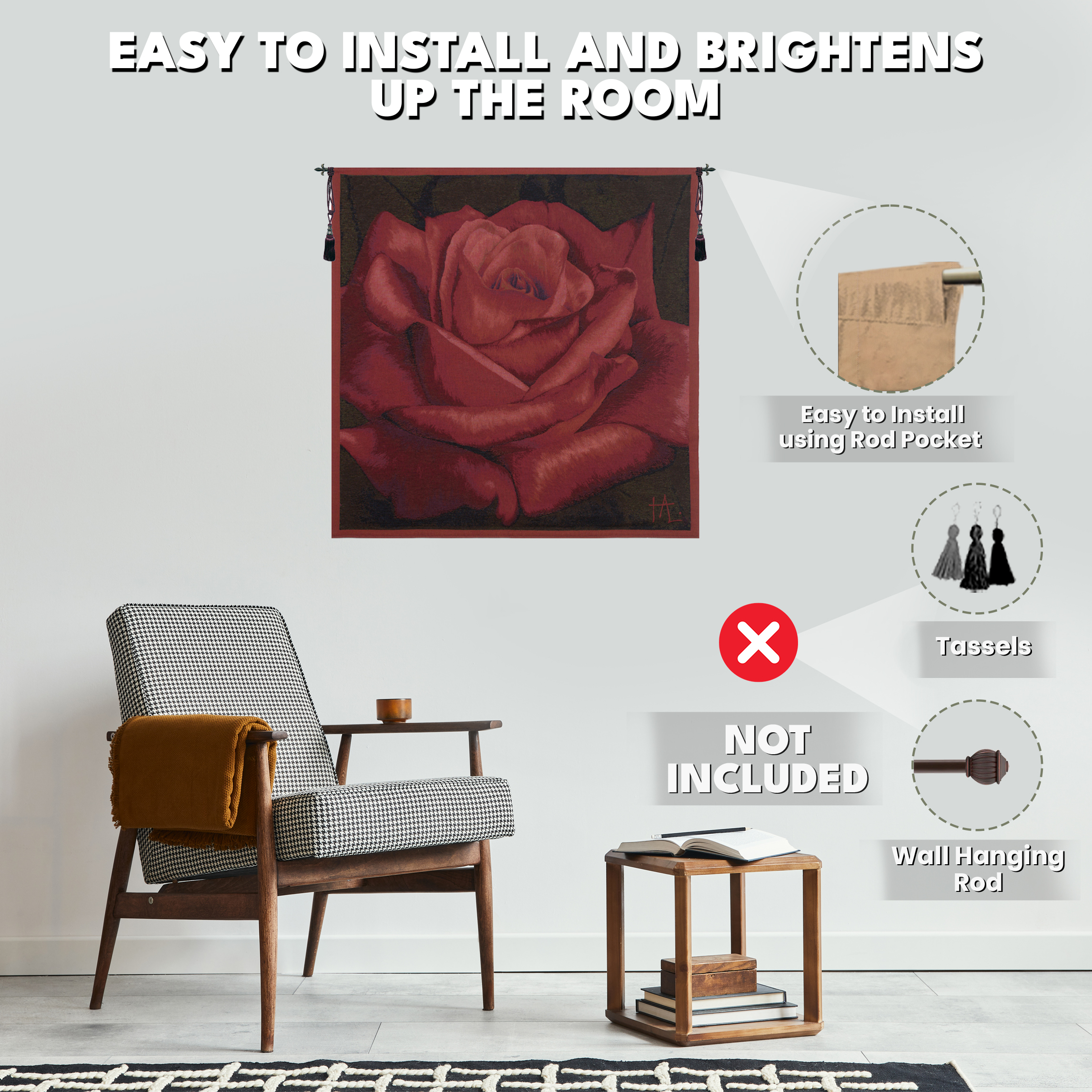 Pierre Joseph Redoute Rose Rouge French Tapestry Wall Hanging 57x57 Inch Cotton Jacquard Woven Wall Tapestry