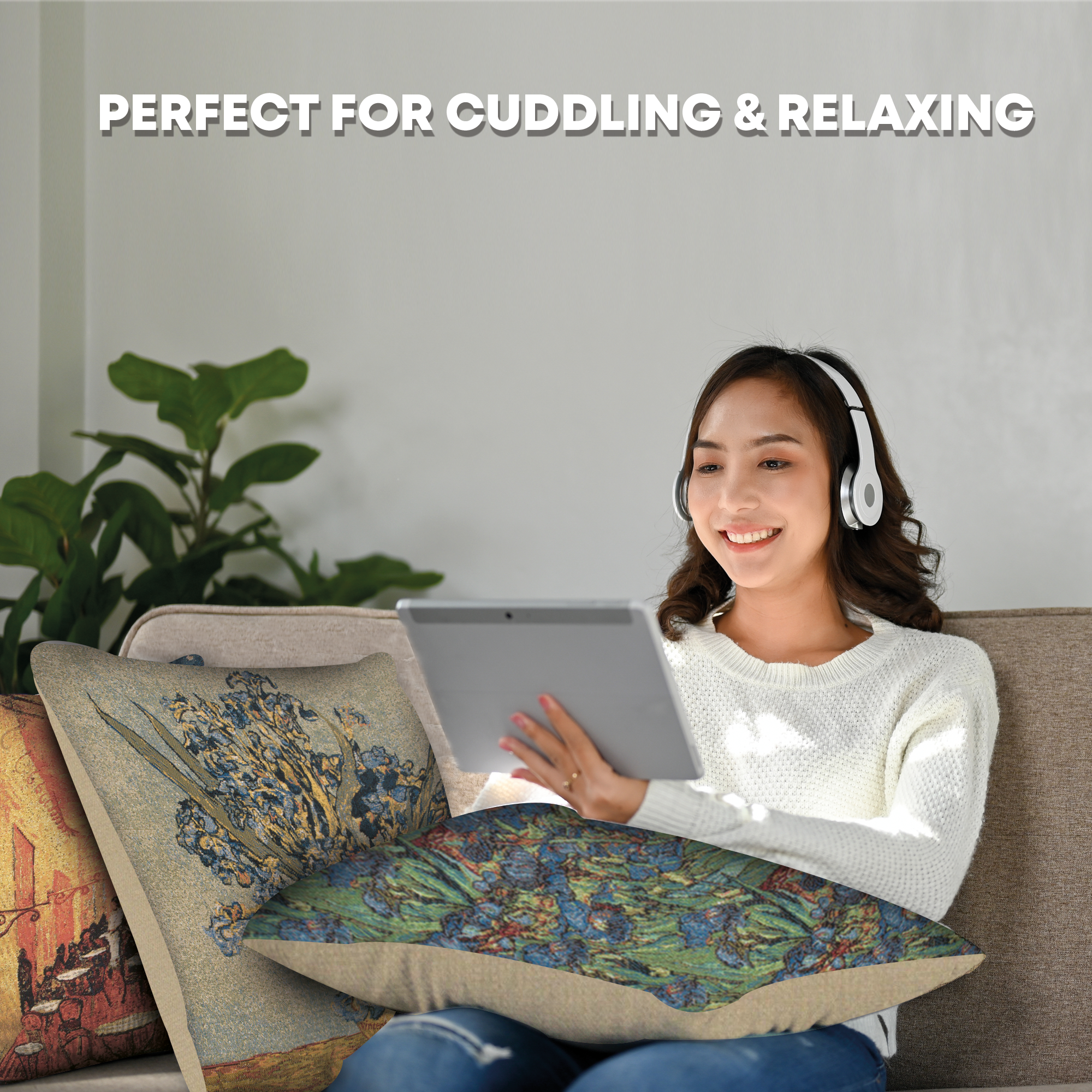 Vincent Van Gogh Vase Iris Tapestry Pillow Cover 18x18 Inch Cotton Jacquard Woven Cushion Cover