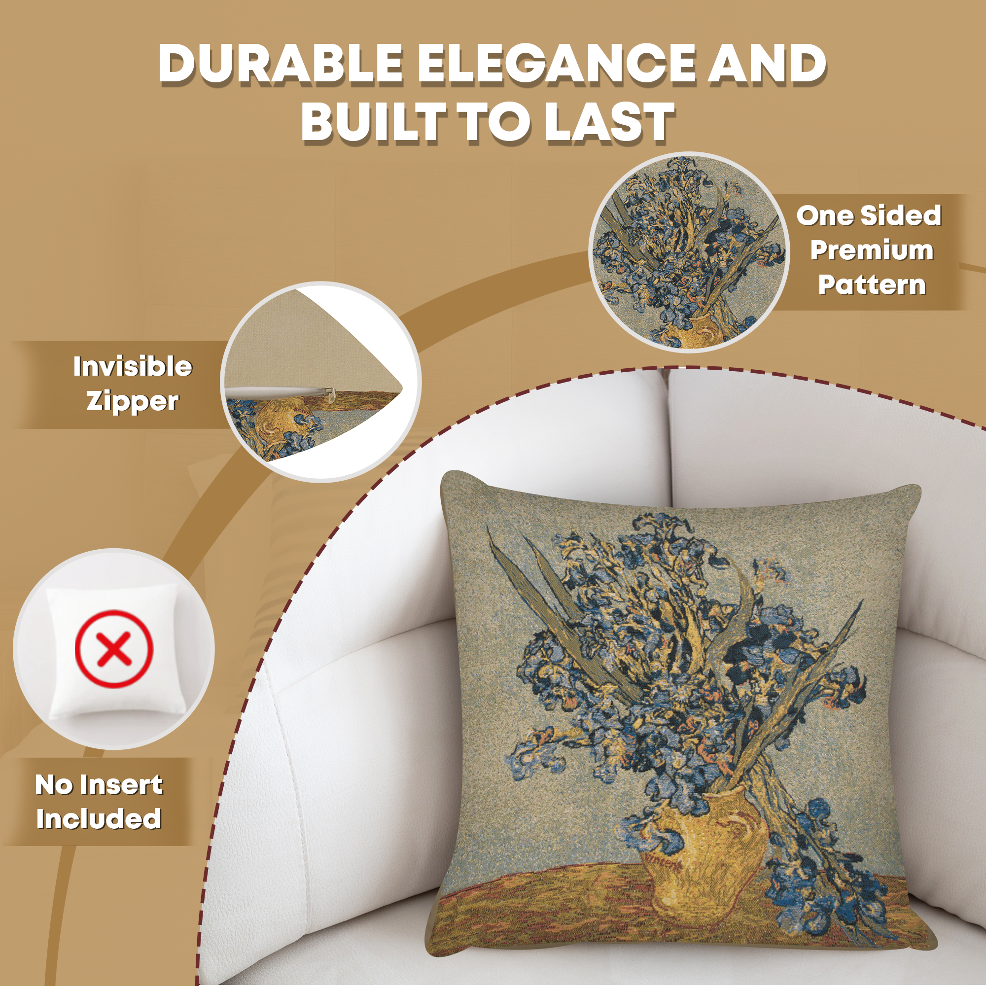 Vincent Van Gogh Vase Iris Tapestry Pillow Cover 18x18 Inch Cotton Jacquard Woven Cushion Cover