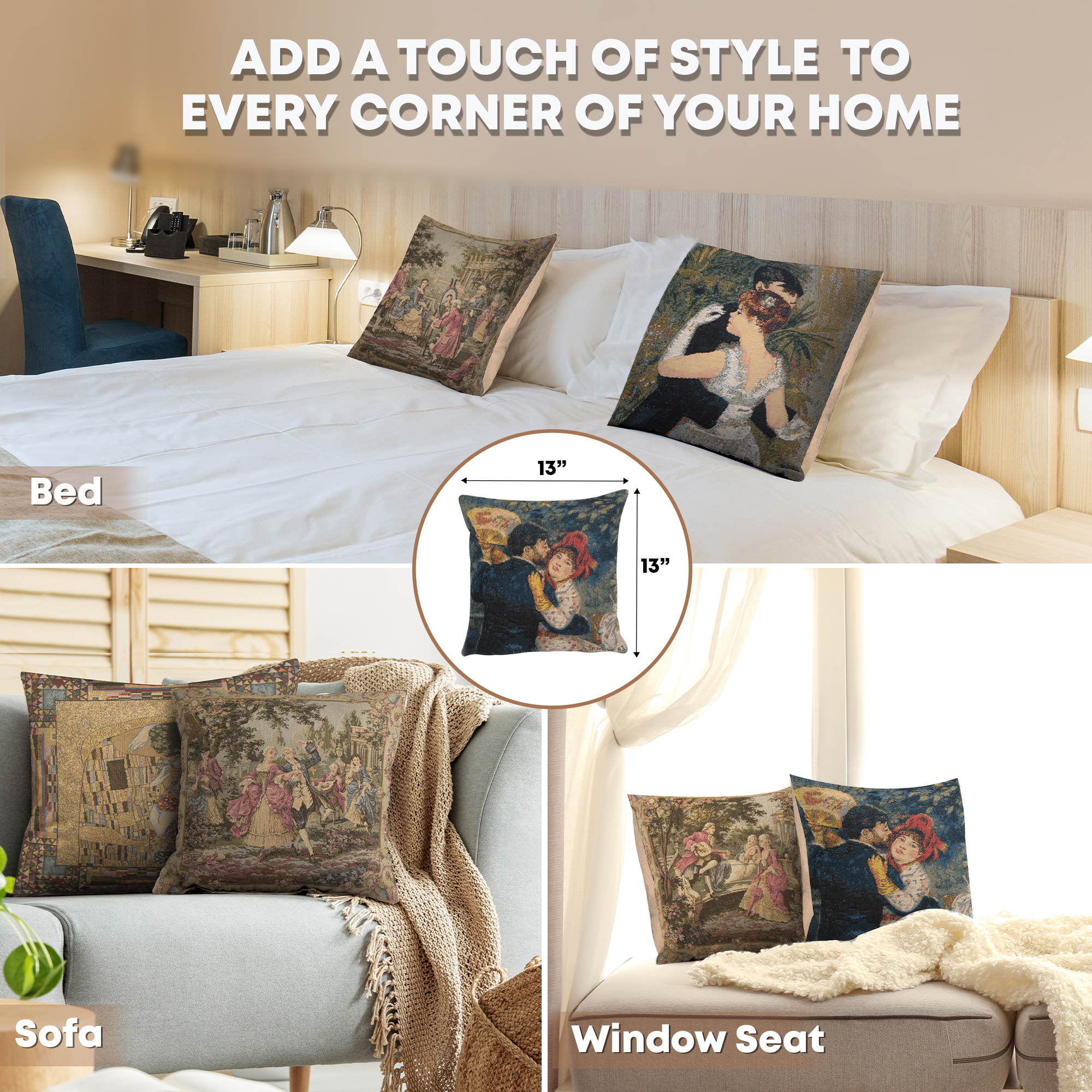 Danse A La Campagne Belgian Tapestry Pillow Cover 13x13 Inch Cotton Jacquard Woven Cushion Cover