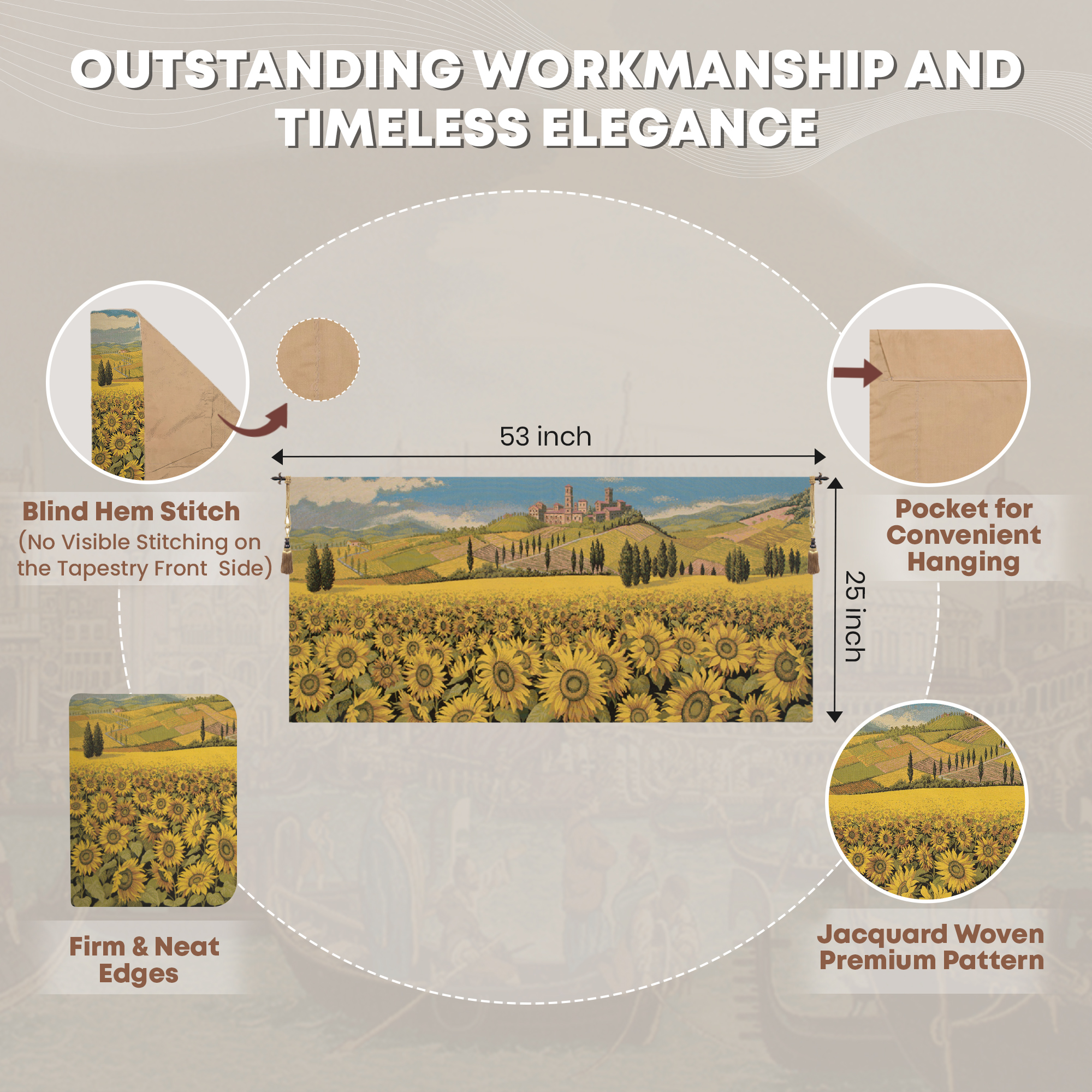 Alberto Passini Tuscan Sunflower Wide Landscape Italian Tapestry Wall Hanging 25x53 Inch Cotton Jacquard Woven Wall Tapestry