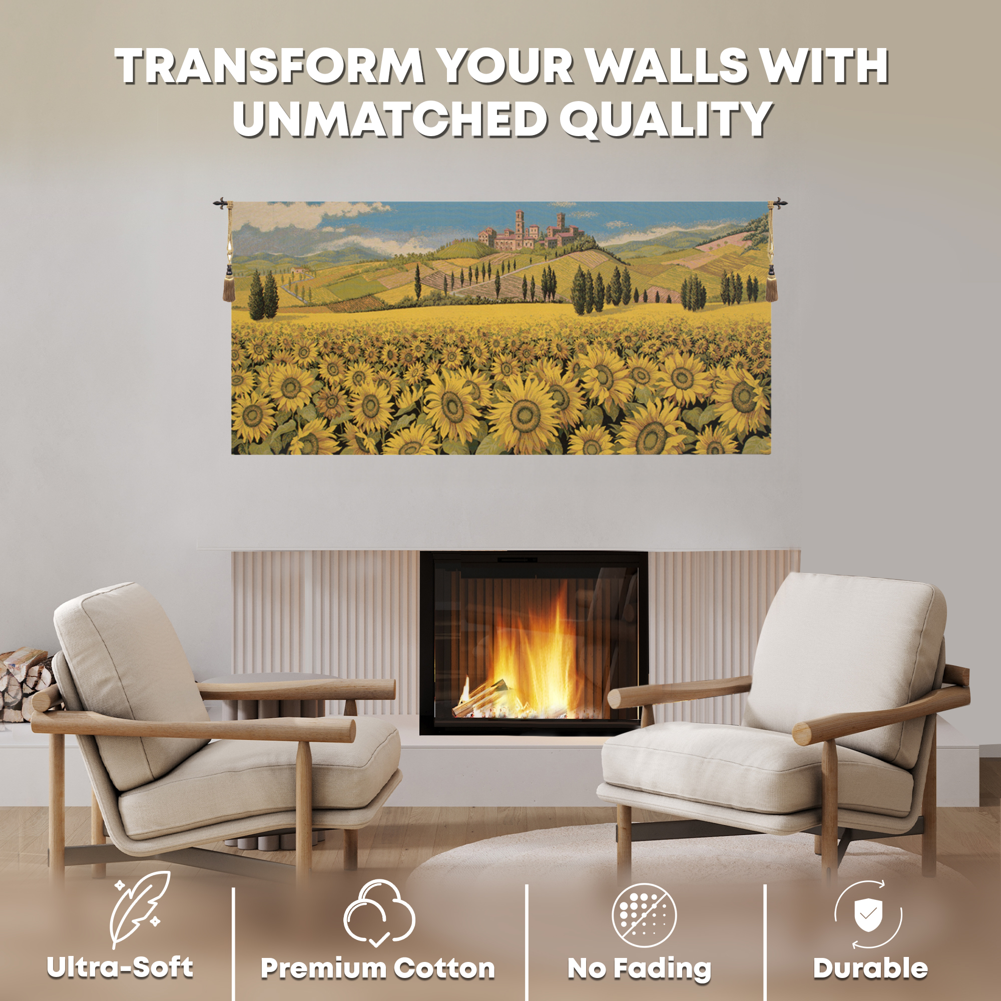 Alberto Passini Tuscan Sunflower Wide Landscape Italian Tapestry Wall Hanging 25x53 Inch Cotton Jacquard Woven Wall Tapestry
