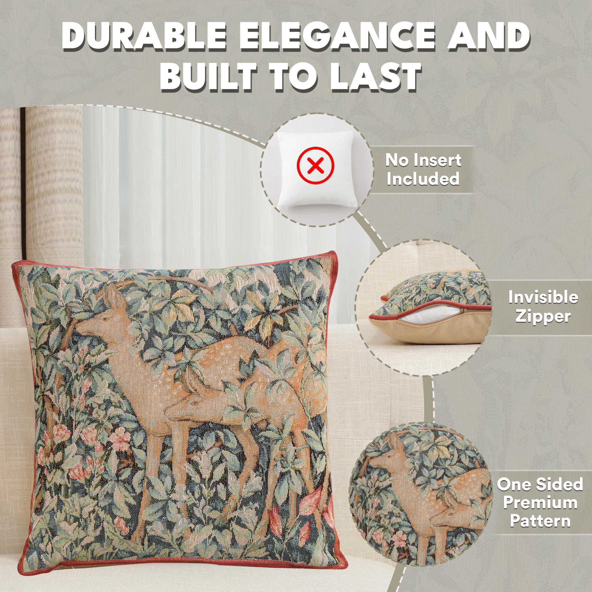 Two Does in a Forest French Tapestry Pillow Cover 14x14 Cotton Jacquard Woven Cushion Cover