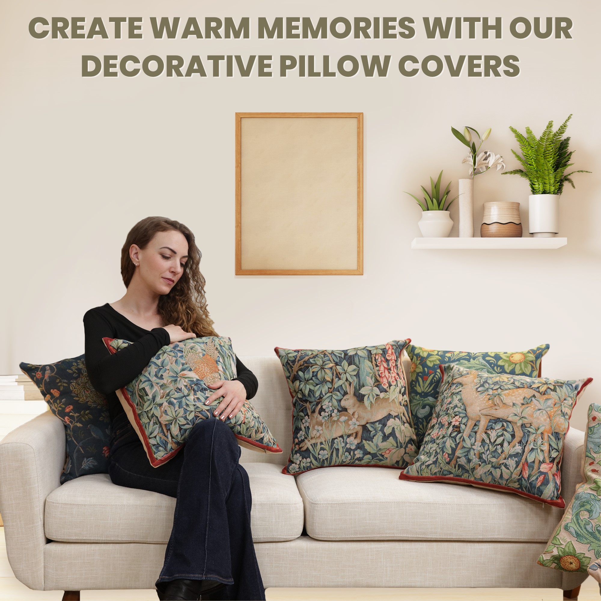 Two Hares in a Forest French Tapestry Pillow Cover 14x14 Cotton Jacquard Woven Cushion Cover