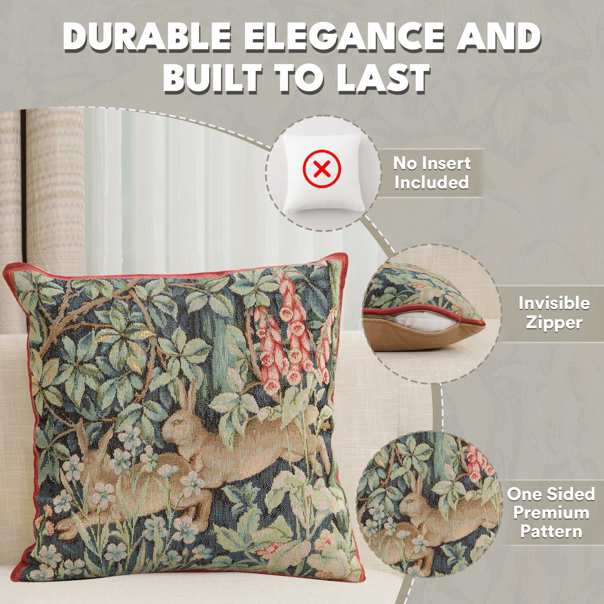 Two Hares in a Forest French Tapestry Pillow Cover 14x14 Cotton Jacquard Woven Cushion Cover