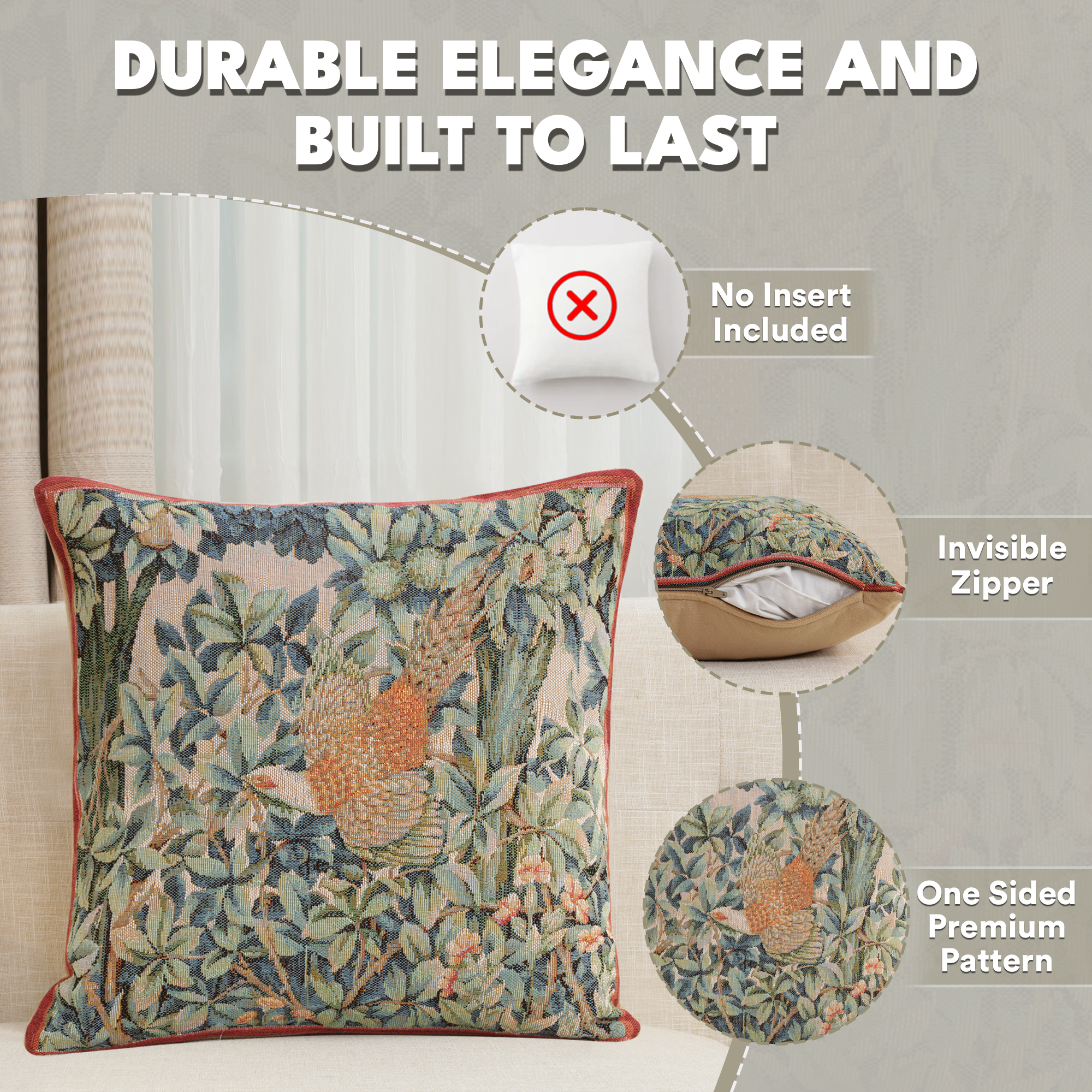 Pheasant in a Forest French Tapestry Pillow Cover 14x14 Cotton Jacquard Woven Cushion Cover