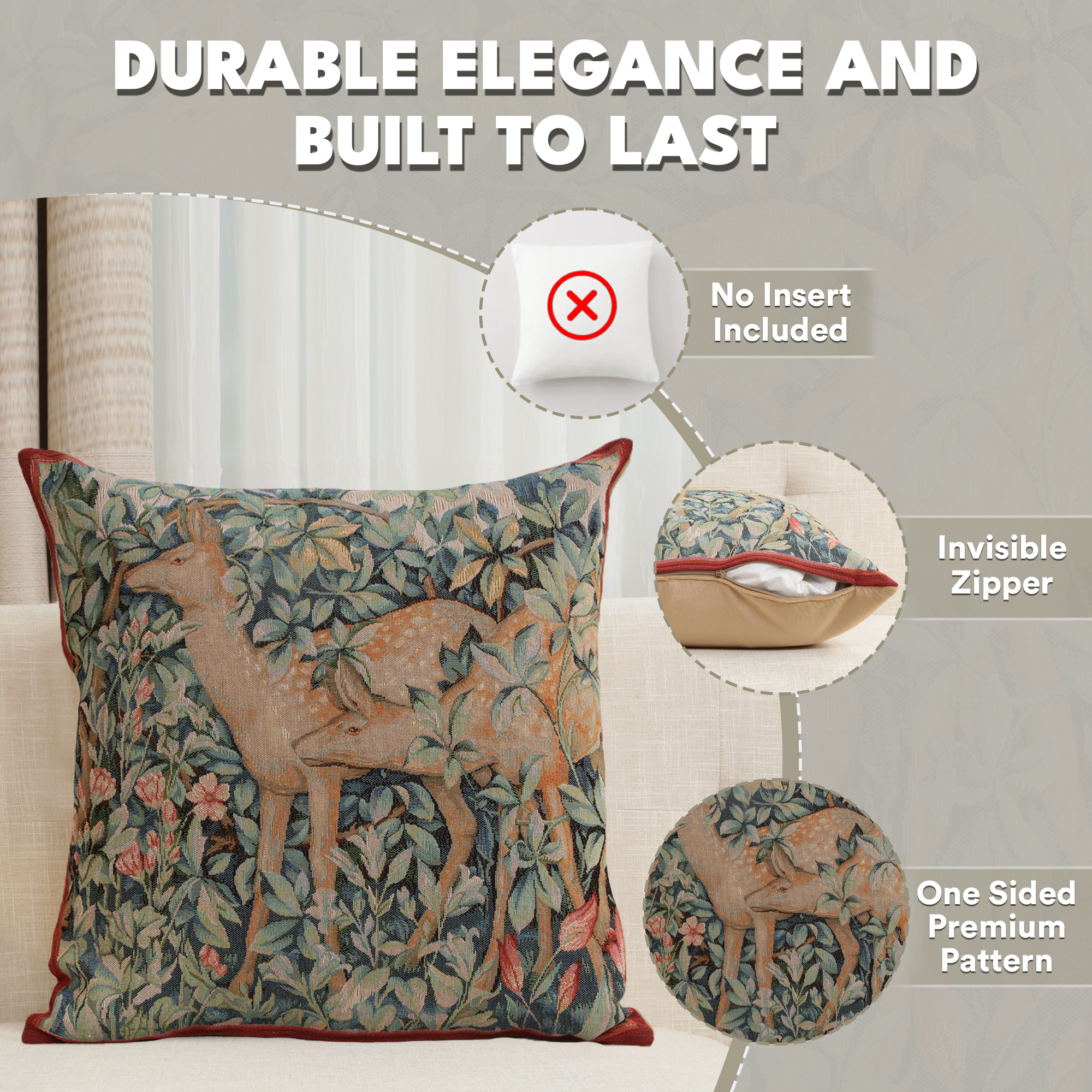 Two Does in a Forest French Tapestry Pillow Cover 19x19 inch Cotton Jacquard Woven Cushion Cover