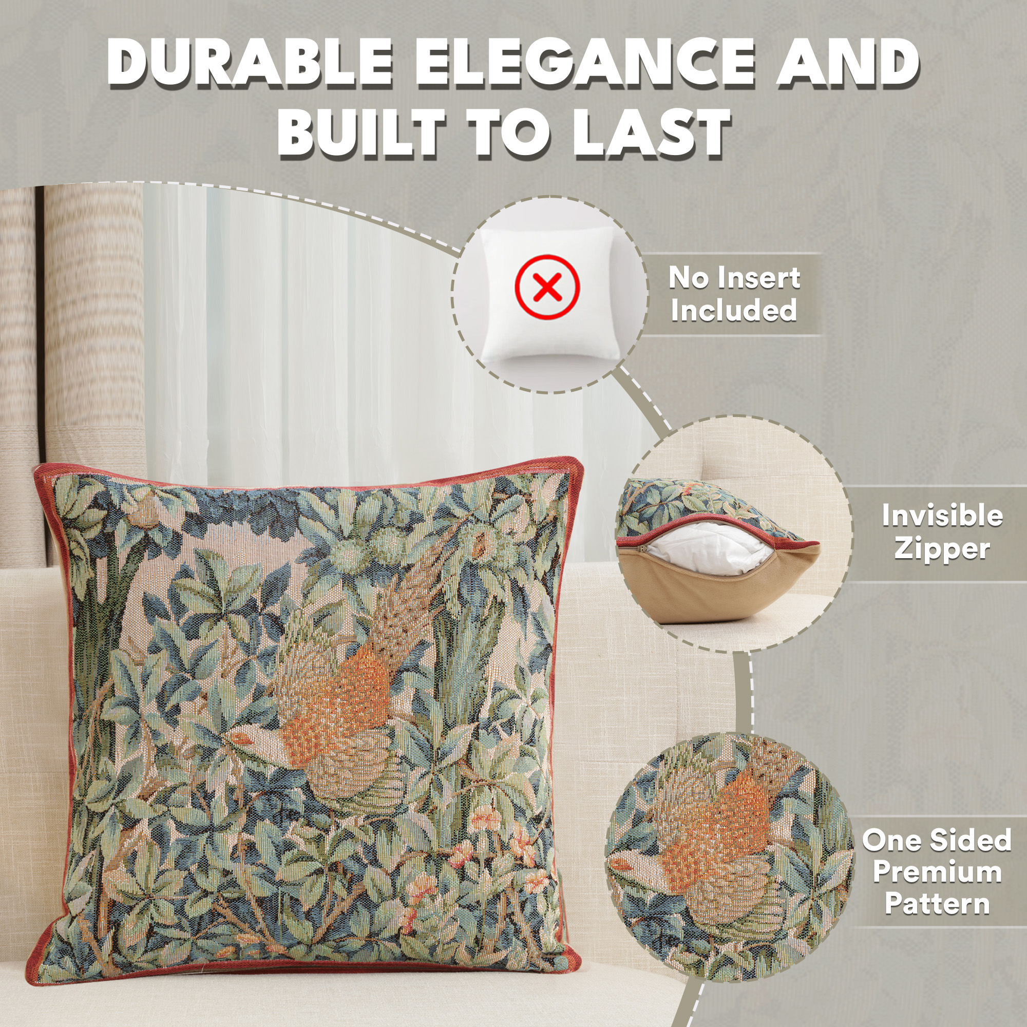 Pheasant in a Forest French Tapestry Pillow Cover 19x19 inch Cotton Jacquard Woven Cushion Cover