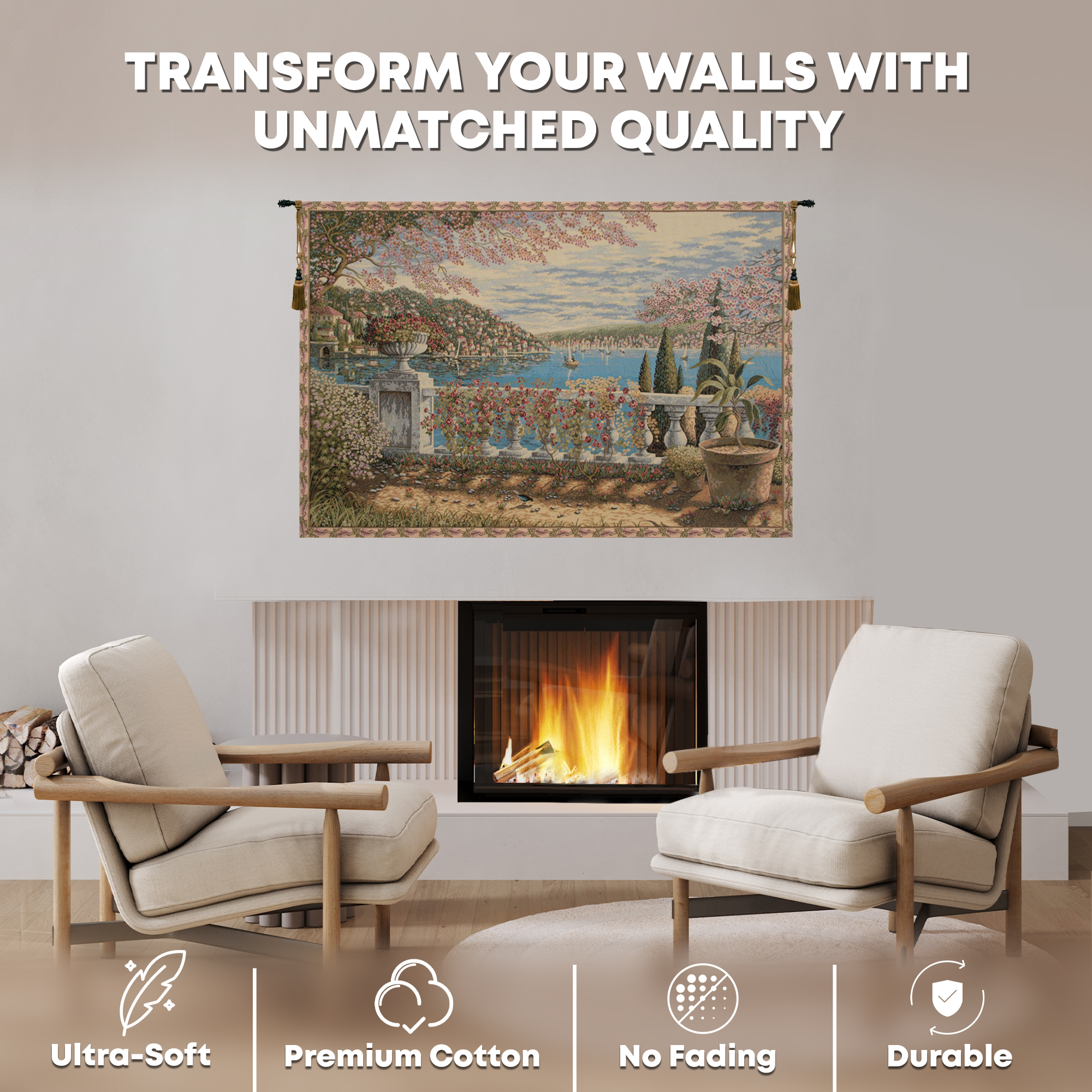 Alberto Passini Giardino Sul Lago Italian Tapestry Wall Hanging 34x53 Inch Cotton Jacquard Woven Wall Tapestry