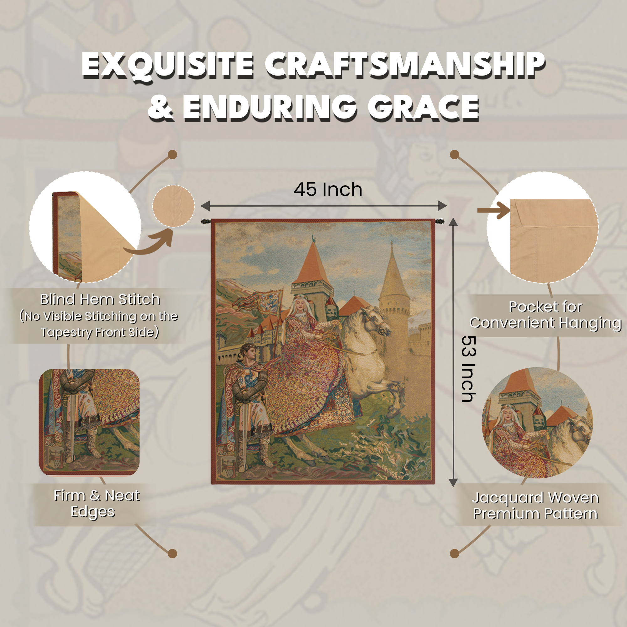 Vintage Sir Lancelot & Guinevere Renaissance Tapestry Wall Hanging 53 x 45 Medieval Arthurian Romance Jacquard Woven Wall Art