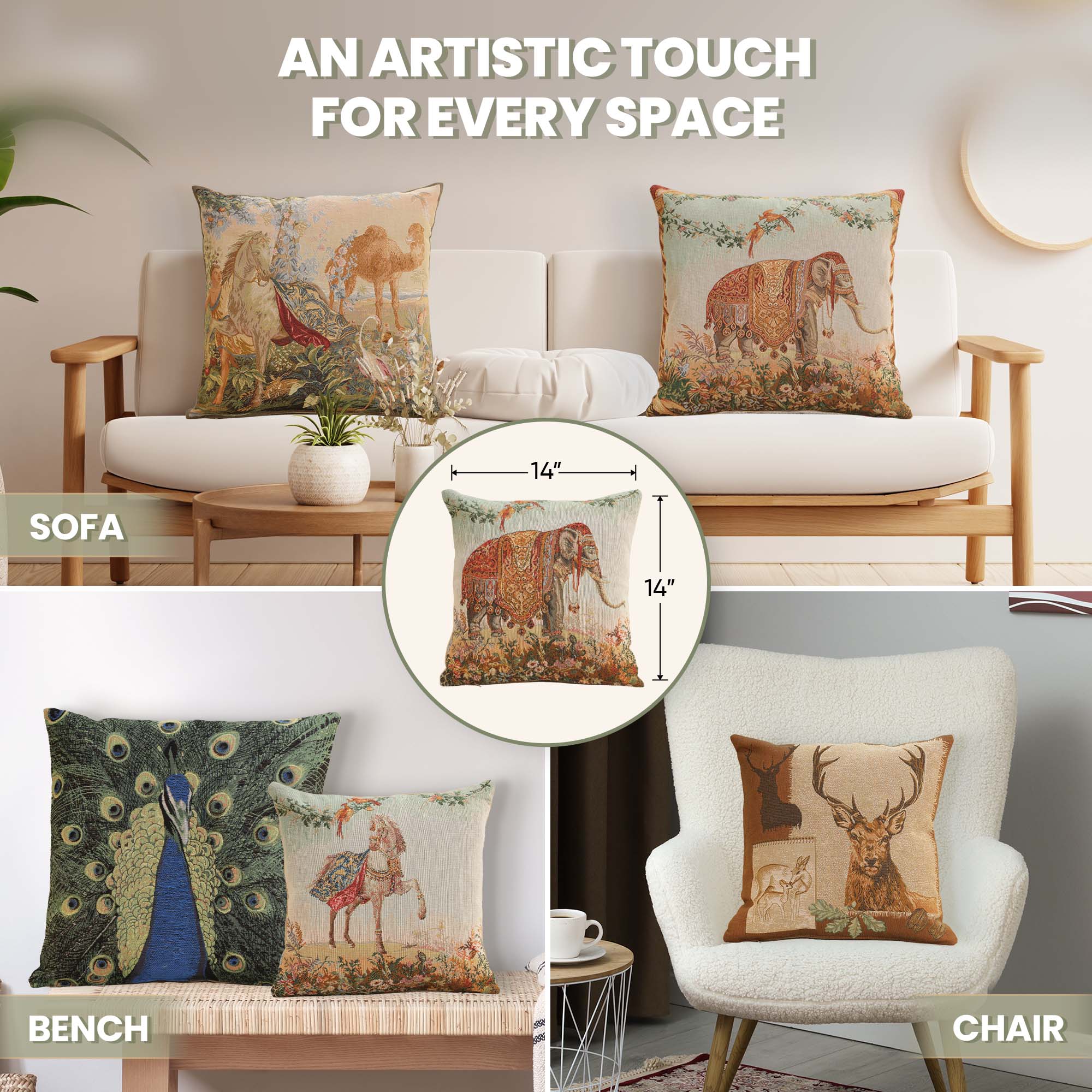 Jean Baptiste Huet Elephant I Small Tapestry Pillow Cover 14x14 Inch Cotton Jacquard Woven Cushion Cover