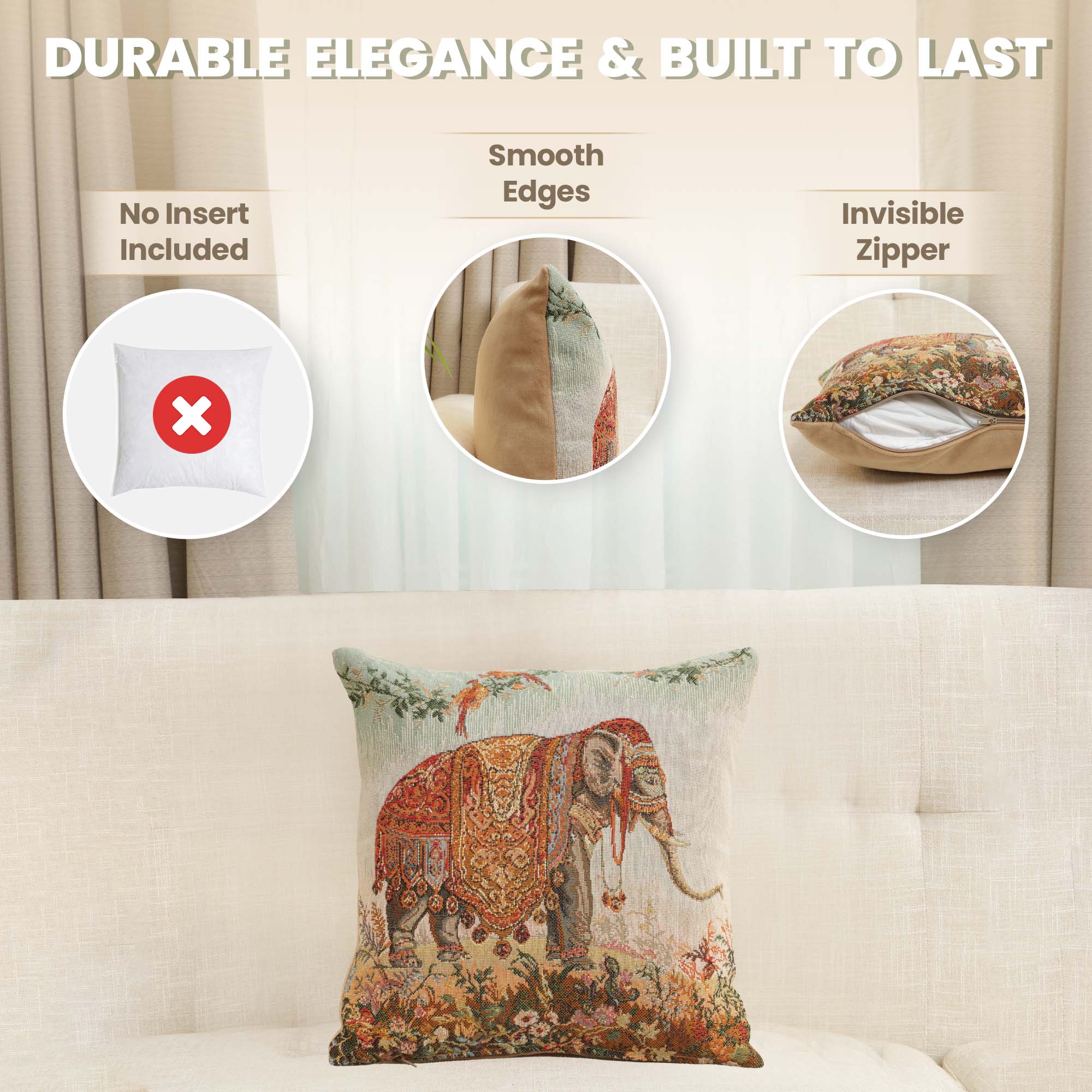 Jean Baptiste Huet Elephant I Small Tapestry Pillow Cover 14x14 Inch Cotton Jacquard Woven Cushion Cover